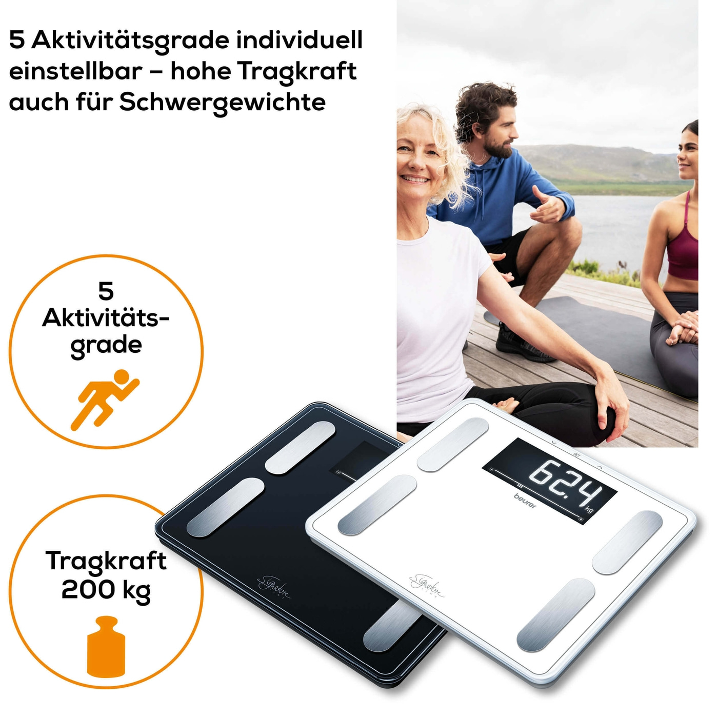 Beurer Diagnosewaage BF 410 SignatureLine Black-Körperfettwaage mit Ganzkörperanalyse, Interpretation der Messwerte & XXL-Display - bis 200 kg