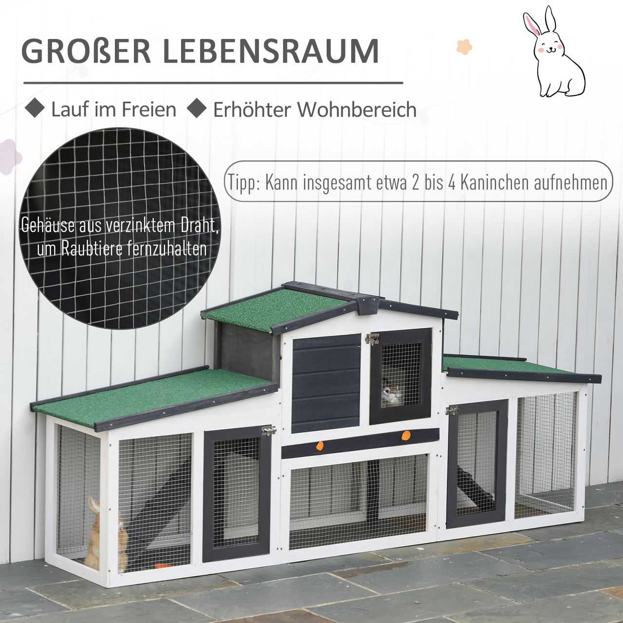 PawHut Zwergkaninchenstall, Doppelstöckiger Zwergkaninchenkäfig mit Asphaltdach und Freigehege, Massivholz, Dunkelgrau Weiß, 204 x 45 x 80 cm