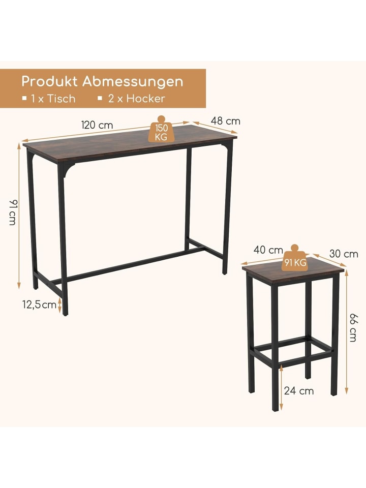 COSTWAY Bartisch mit Barhocker Set in Braun günstig kaufen onesize