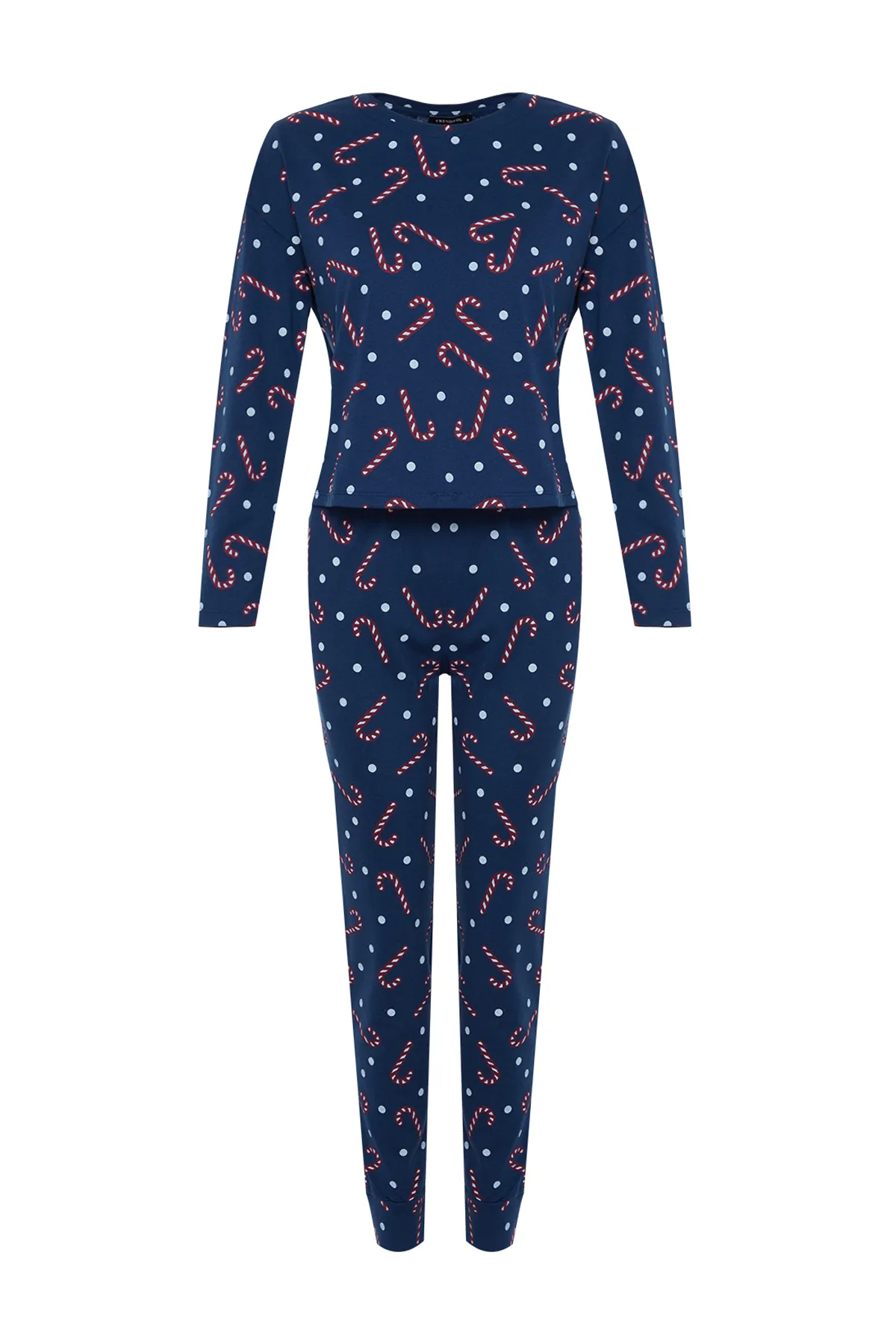 Trendyol Collection  Marineblaues T-Shirt-Jogger-Strick-Pyjama-Set aus 100 % Baumwolle mit Neujahrsmotiv THMAW21PT0771