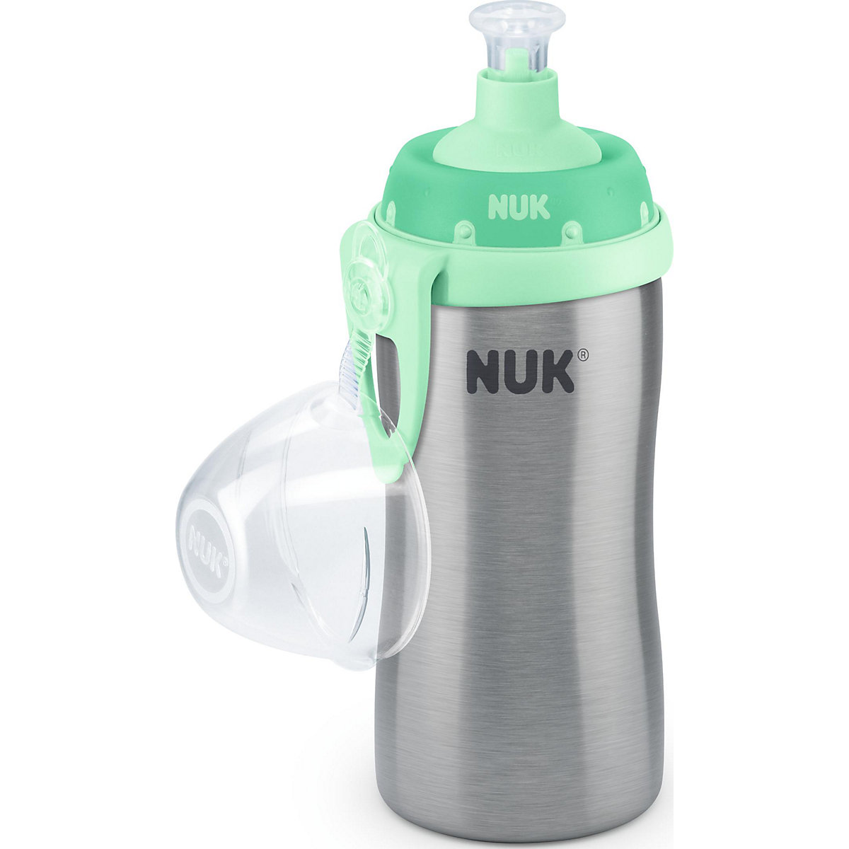 NUK Junior Cup Edelstahl, Flaschenkörper aus hochwertigem Edelstahl, mit Push-Pull-Tülle, 215ml, ab 18 Monaten, auslaufsicher, mit Clip, 1 Stück, grün