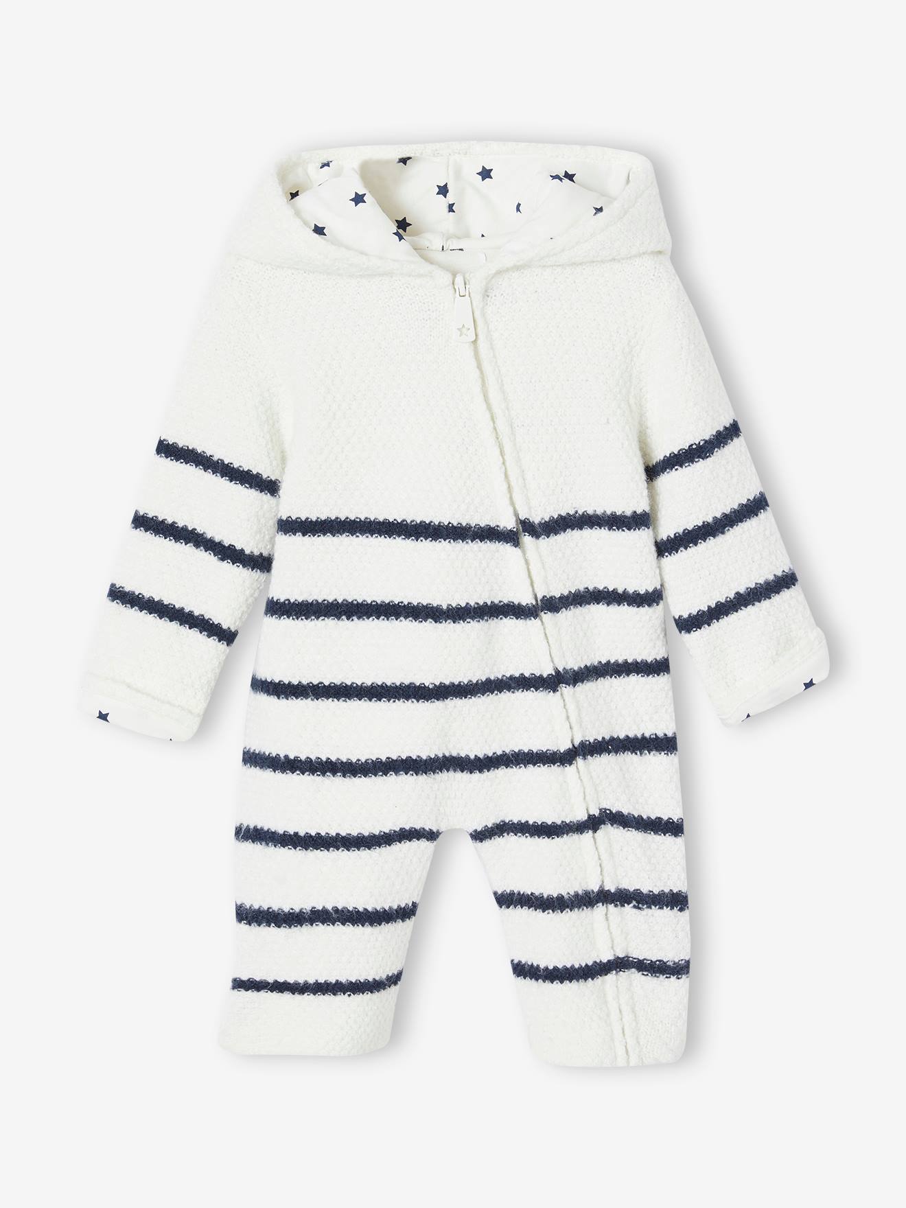 Combinaison en tricot bébé naissance doublée ivoire rayé