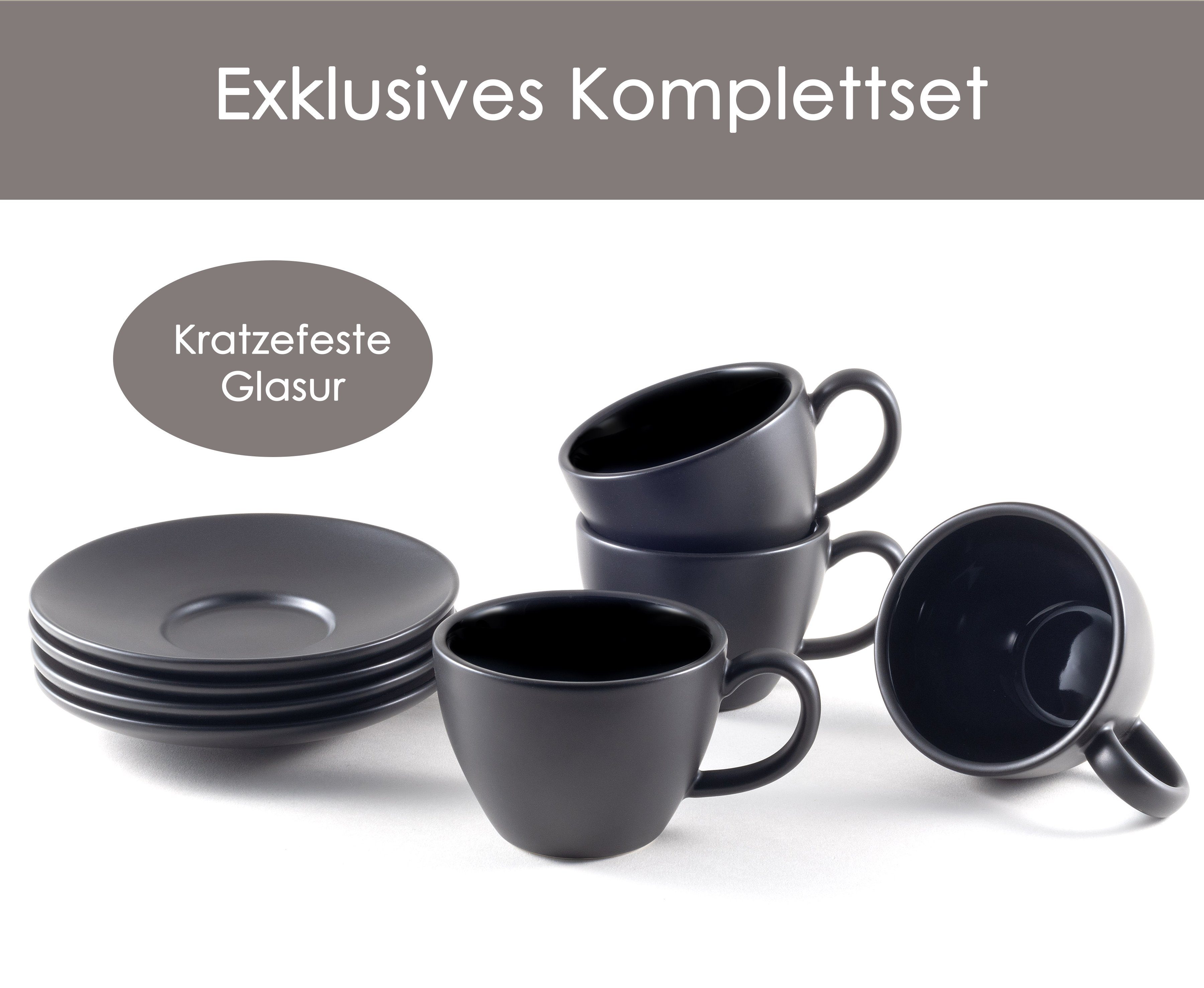 Hanseküche Cappuccinotasse Cappuccino Tassen 4er Set (180 ml) aus Steingut, Keramik, lange Wärmesspeicherung durch dickwandiges Steingut