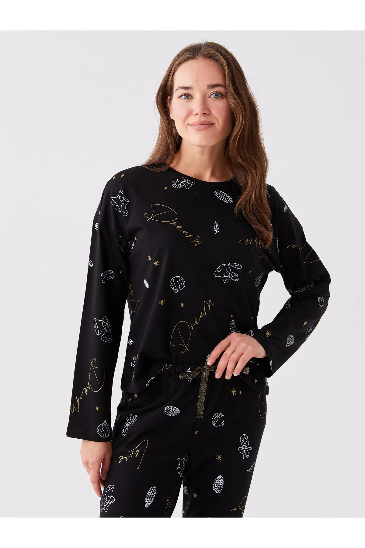 LC Waikiki  Gemustertes Langarm-Damenpyjama-Set mit Rundhalsausschnitt