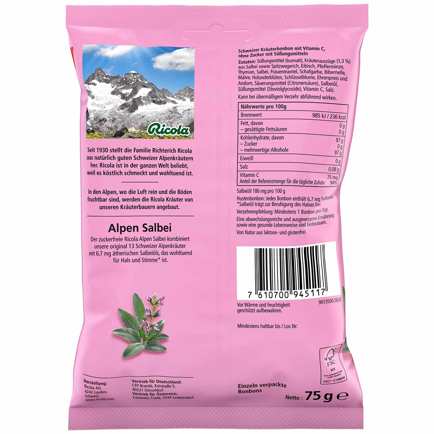 Ricola Alpen Salbei ohne Zucker 75g