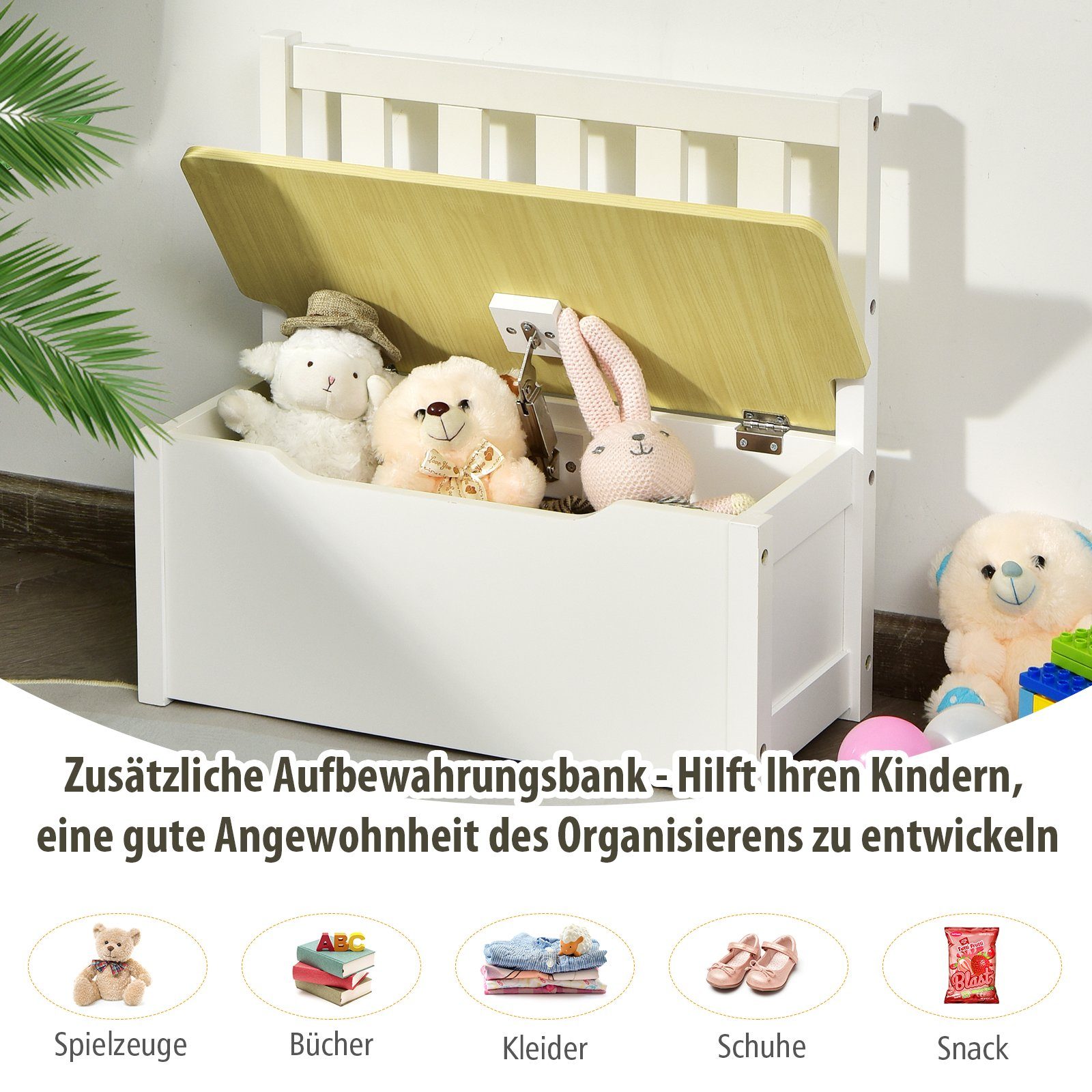 COSTWAY Kindersitzgruppe, Kindertisch mit 2 Stühlen, Sitzbank mit Stauraum