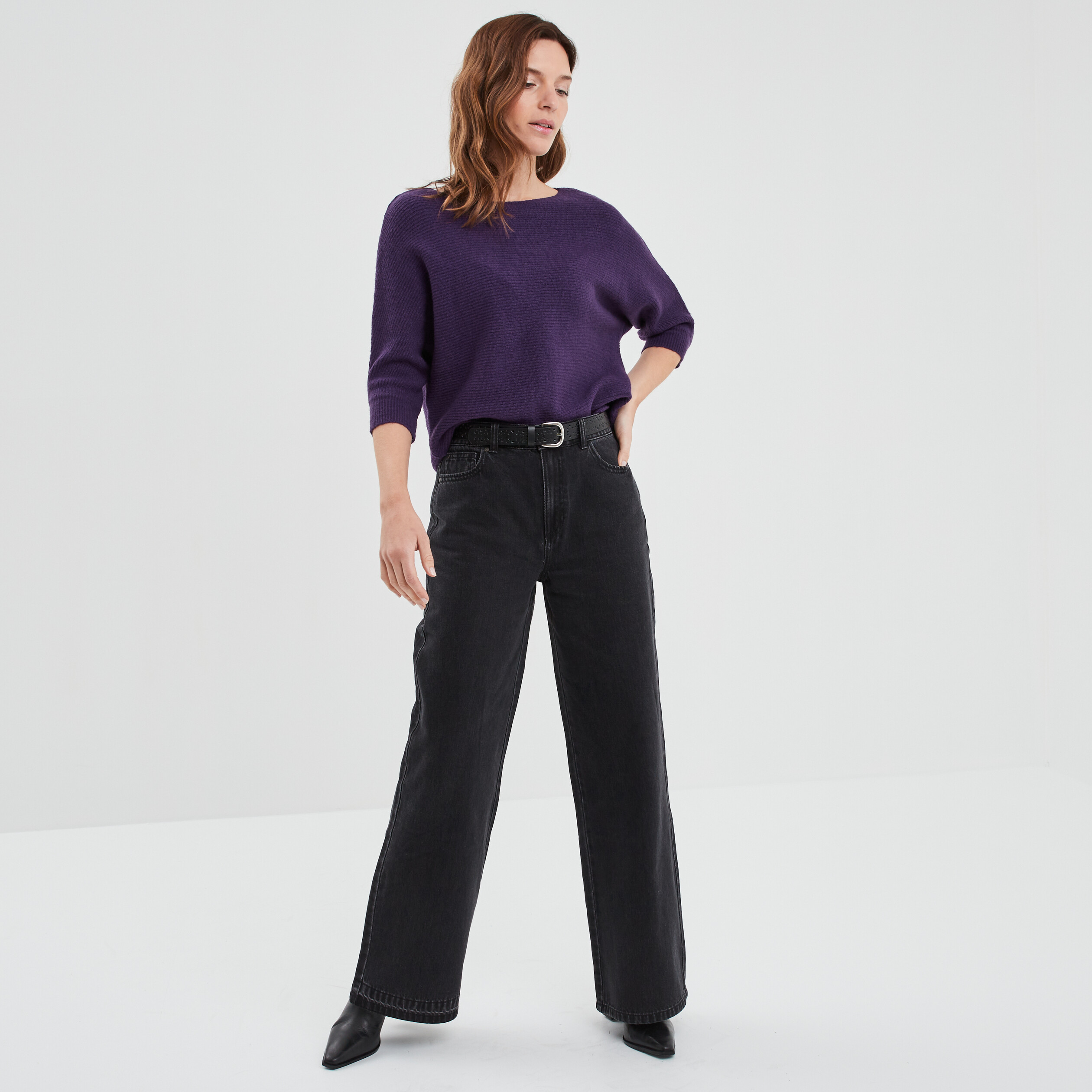 Pull manches 3 4 chauve-souris violet foncé femme | La Halle