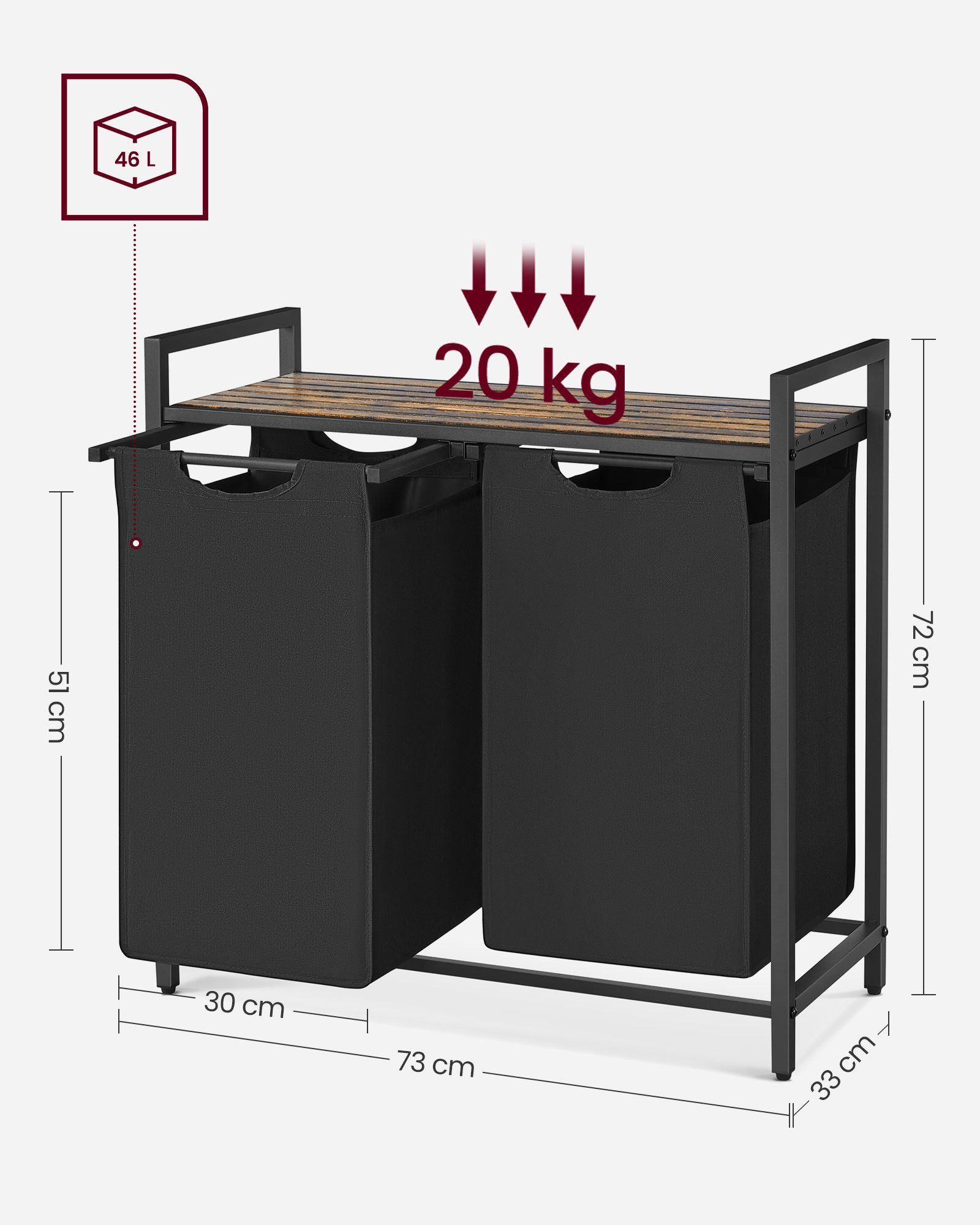 VASAGLE Wäschekorb, 2 Wäschesäcke aus Oxford-Gewebe, abnehmbar, 2 x 46 L