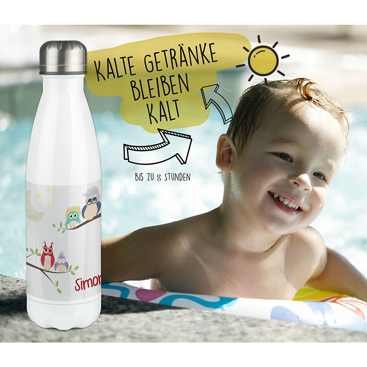 Edelstahl Kinder Thermoflasche / Trinkflasche bunt Eulenfamilie Spülmaschinenfest, Auslaufsicher, Bruchfest, Doppelwandig, Für Heißgetränke geeignet, Mit Deckel, Isoliert
