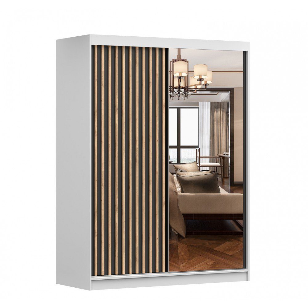 MOEBLO Kleiderschrank LABI (Schiebtüren Schlafzimmer Wohnzimmerschrank mit Lamellen und Spiegel, Schwebetürenschrank 2-türig Schrank mit Einlegeböden und Kleiderstange), (BxHxT): 150x200x61 cm