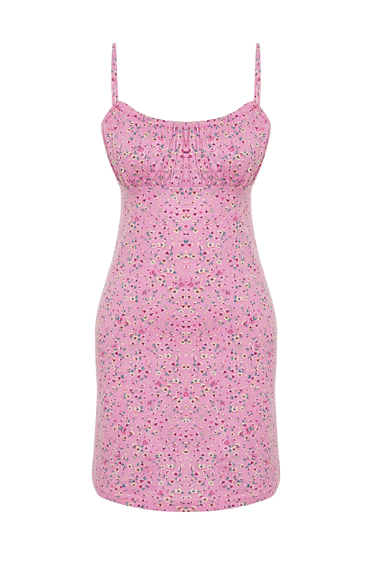 Trendyol Collection  Rosa-mehrfarbiges Strick-Nachthemd aus 100 % Baumwolle mit Blumenmuster und Kordelriemen THMSS24GC00001