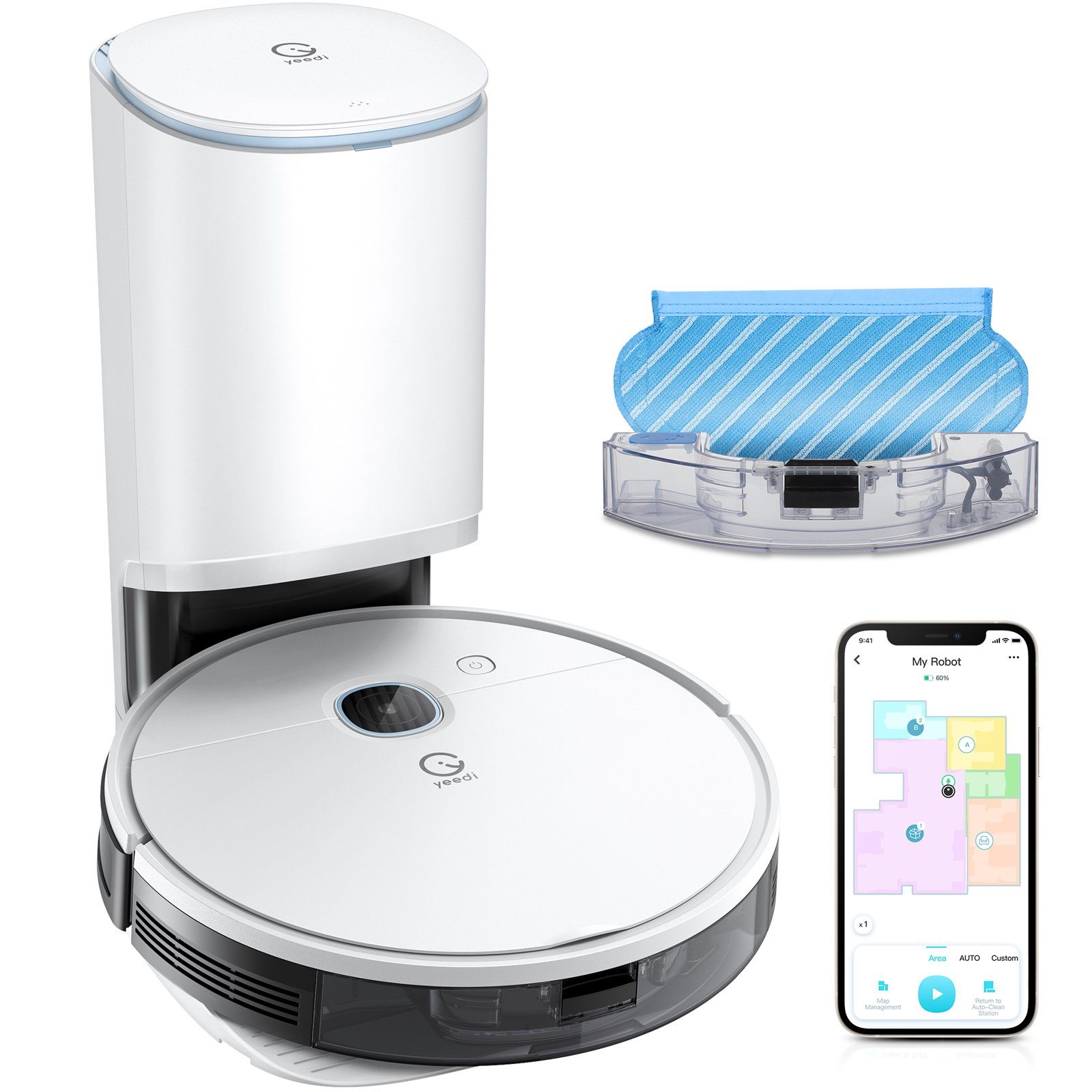 YEEDI Nass-Trocken-Saugroboter aus ECOVACS, Vac Station, mit Absaugstation, 3-in-1-Funktion, 69,00 W, beutellos, 200 min Laufzeit, 3000 Pa Saugleistung, Raumkarte, Teppicherkennung
