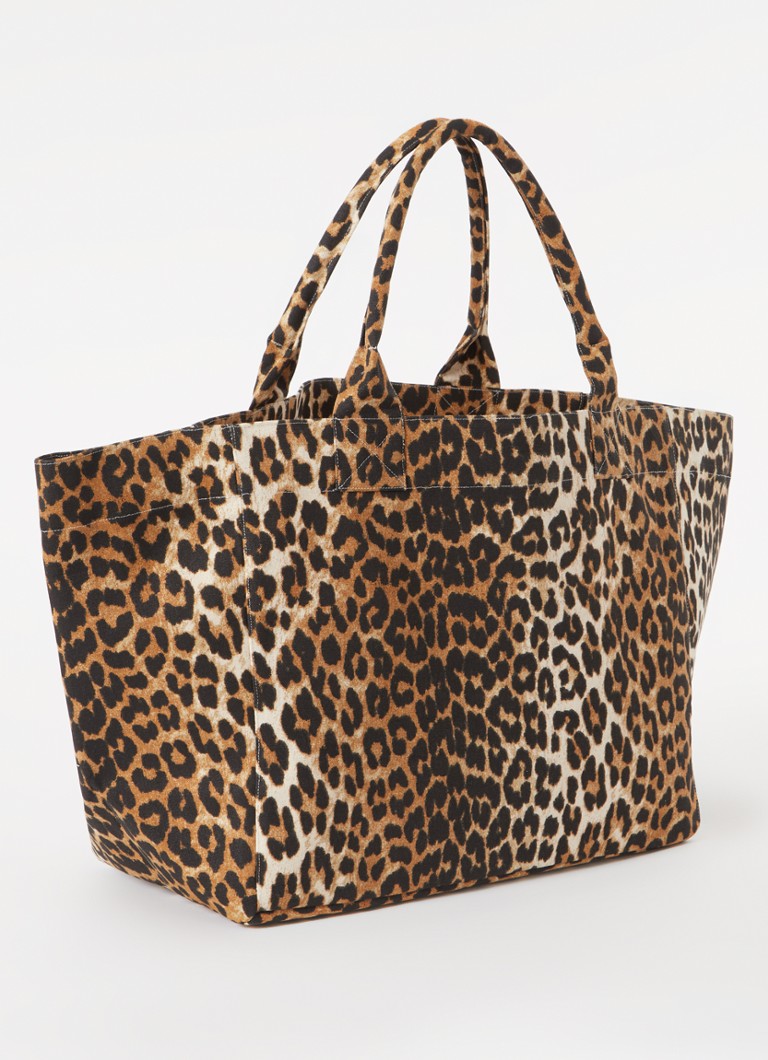 Plátěná shopperka Ganni XXL s leopardím potiskem a výšivkou loga