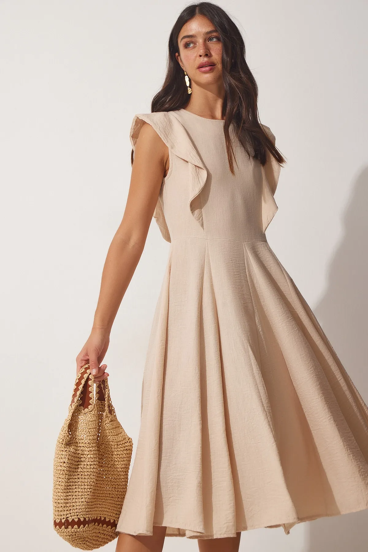 Happiness İstanbul  Damen-Sommerkleid aus cremefarbenem Volant aus Leinen TO00066