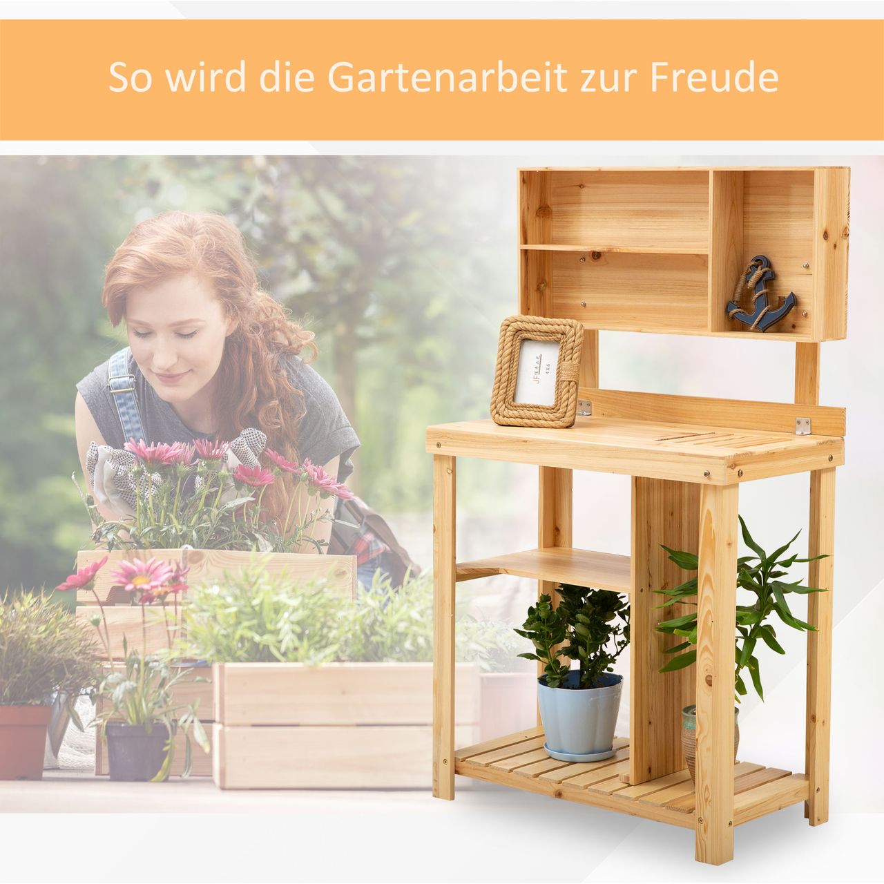 Outsunny Gartenarbeitstisch mit Ablage Natur 80 x 43 x 136,5 cm