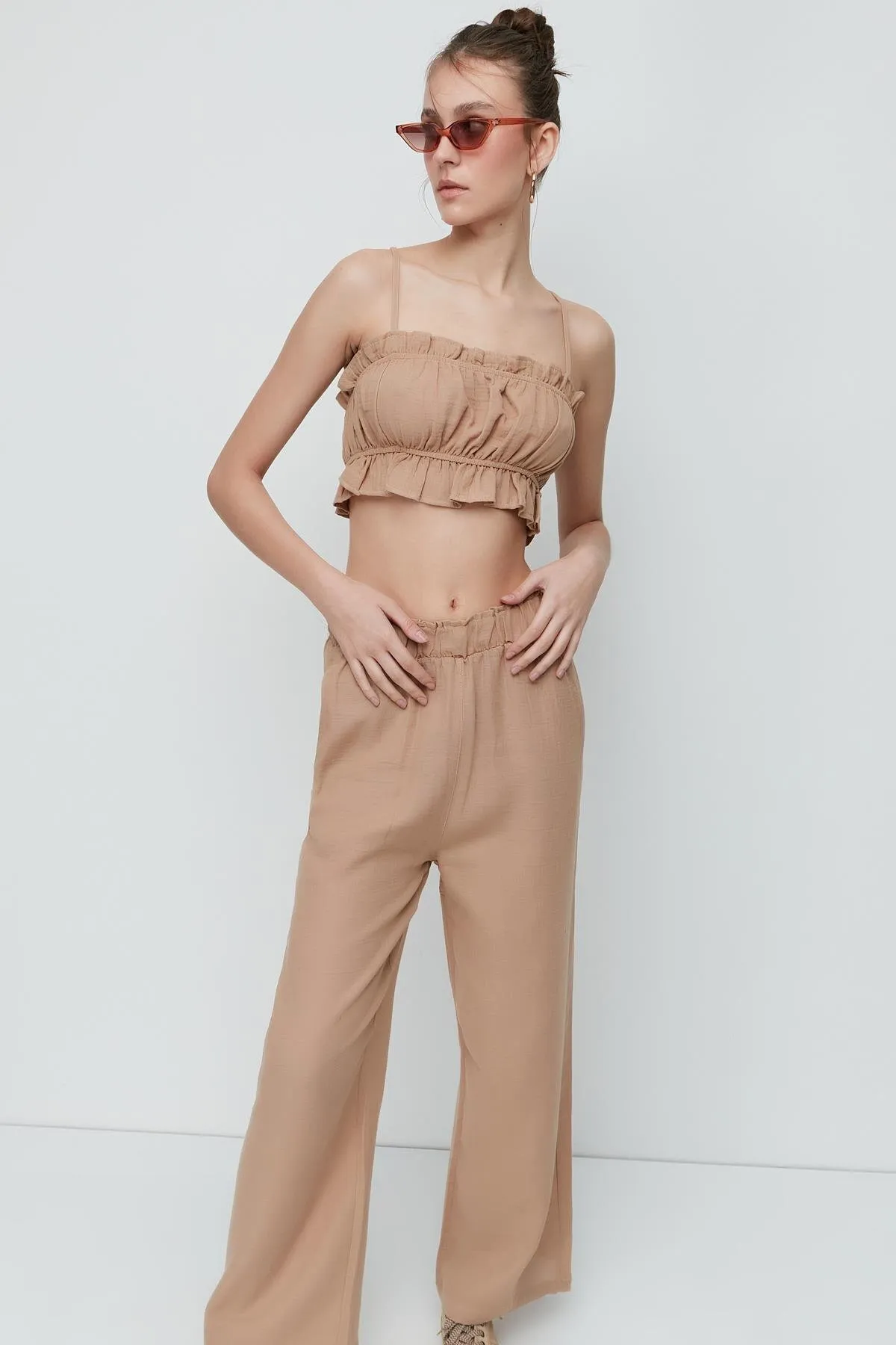 C&City  Crop-Bustier-Hosen-Set aus Bio-Baumwoll-Musselin 9124 Beige