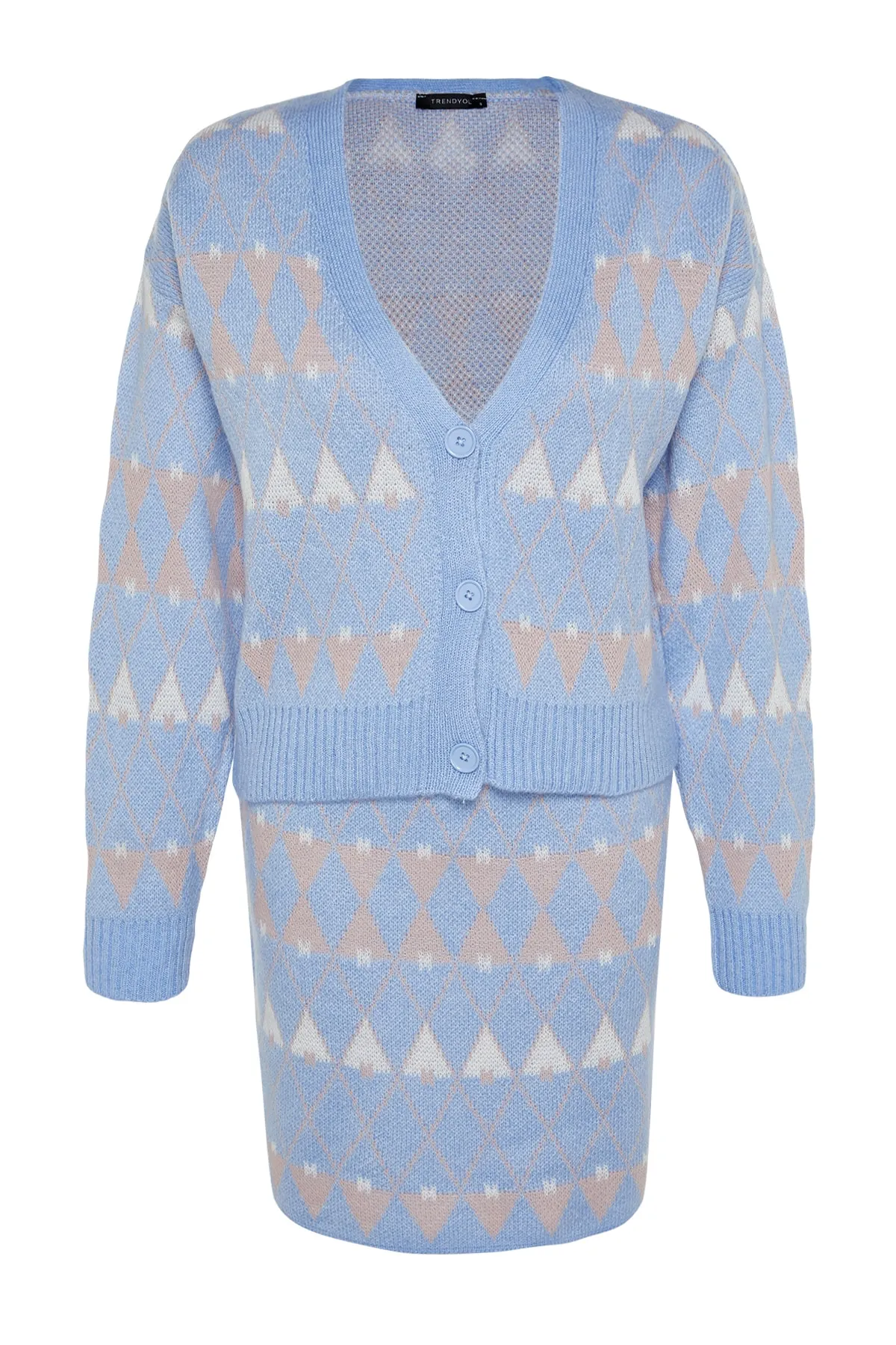 Trendyol Collection  Blaues, weit geschnittenes Strickoberteil und -unterteil-Set mit Muster TWOAW24AU00055