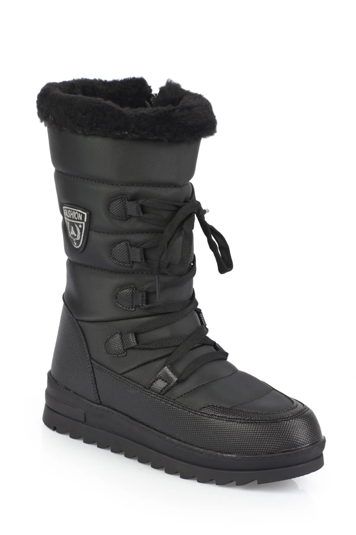 Capone Outfitters  Damen-Schneestiefel mit Trak-Sohle, seitlichem Reißverschluss, Pelzkragen, Schnürung und Fallschirmstoff