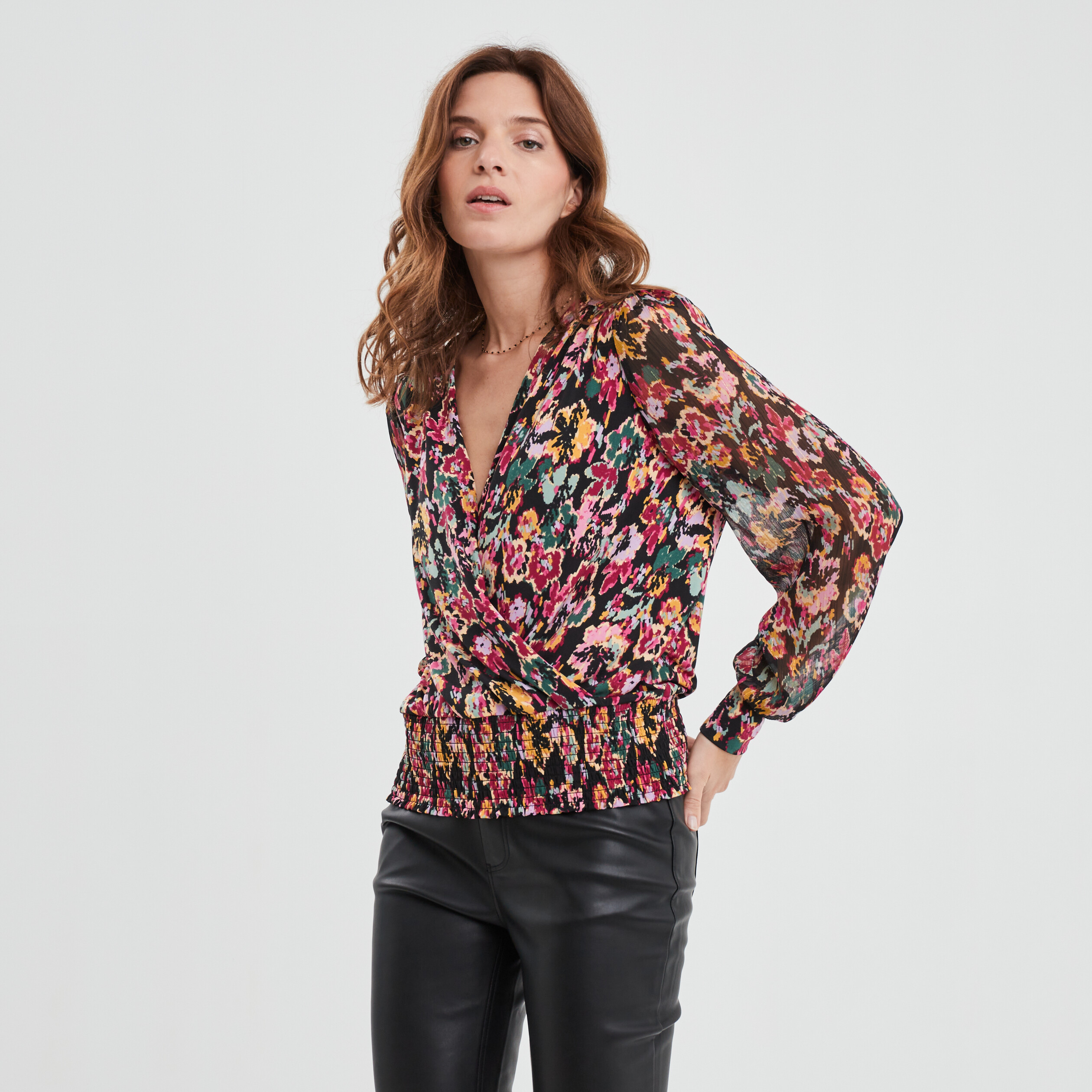 T-shirt col cache-coeur manches longues noir femme | La Halle