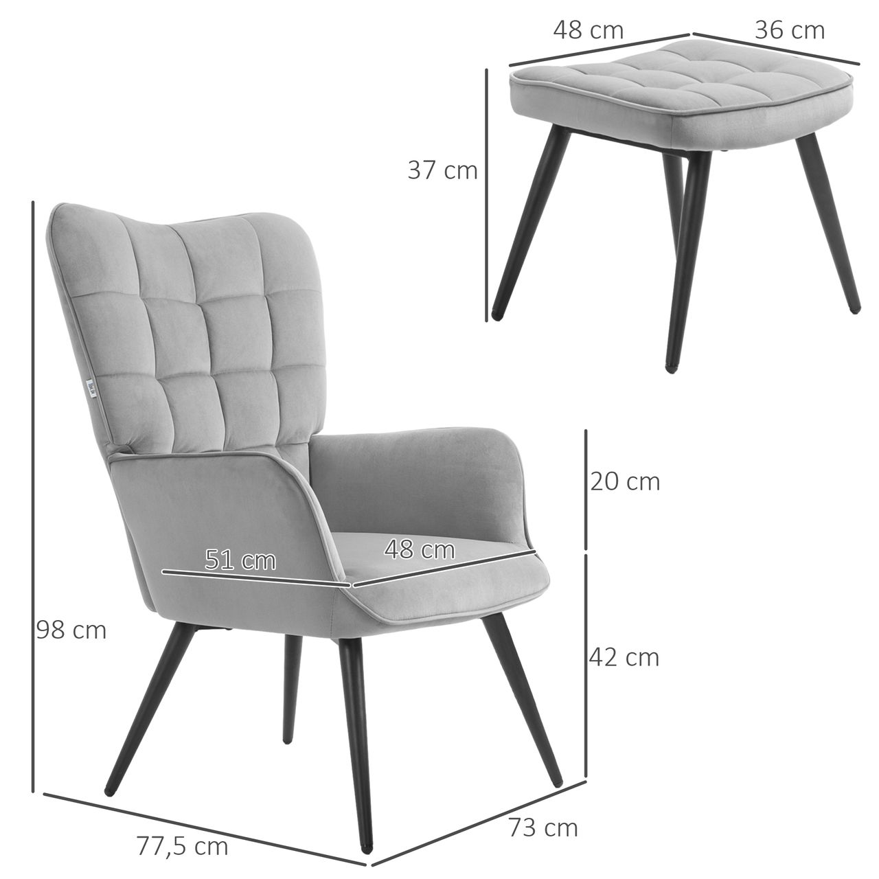 HOMCOM Ohrensessel mit Hocker, Relaxsessel, Loungesessel mit Samtoptik