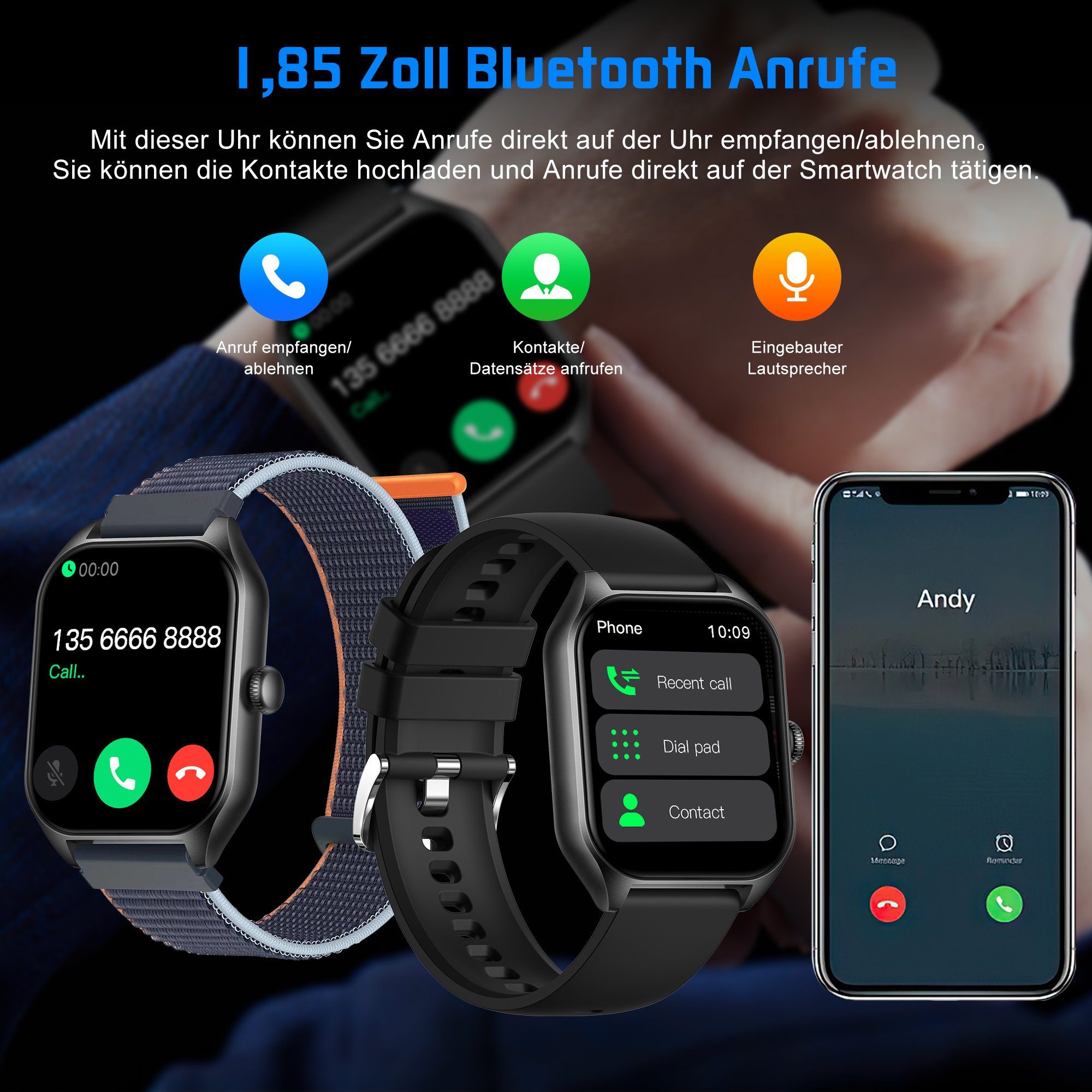 Mutoy Smartwatch, Fitness Tracker Uhr mit Anruffunktion für Damen Herren Smartwatch (1,85 Zoll Voll Touch Farbdisplay Zoll) mit Blutsauerstoff, Blutdruckmessung, Herzfrequenz, Schrittzähler,Schlafqualität,Musiksteuerung und Fernfotografie,Stoppuhr&We