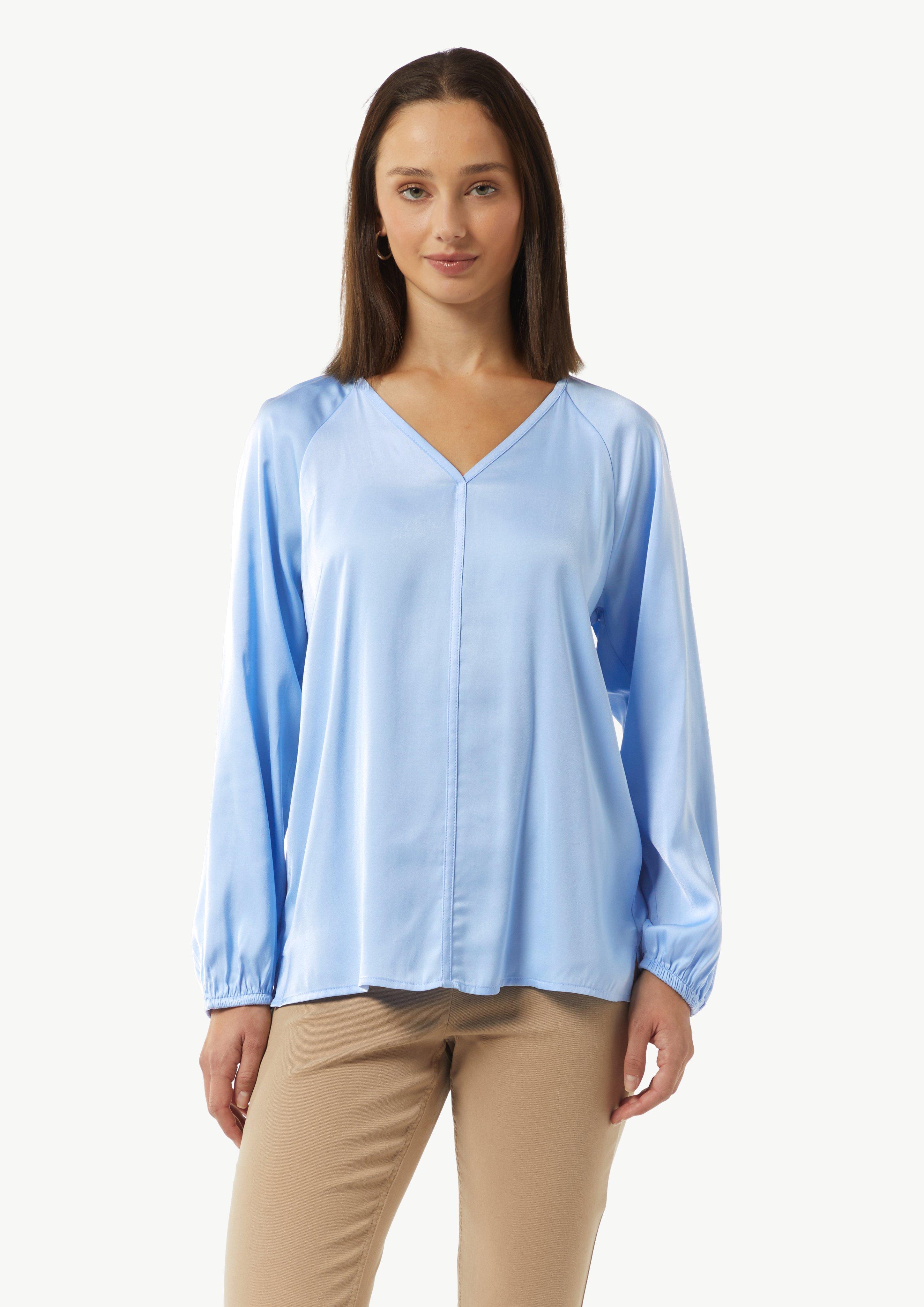Satinierte Bluse mit Raglanärmeln und V-Ausschnitt - himmelblau