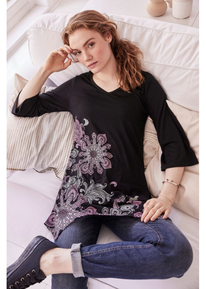 Zipfel-Longshirt mit Trompeten-Ärmel