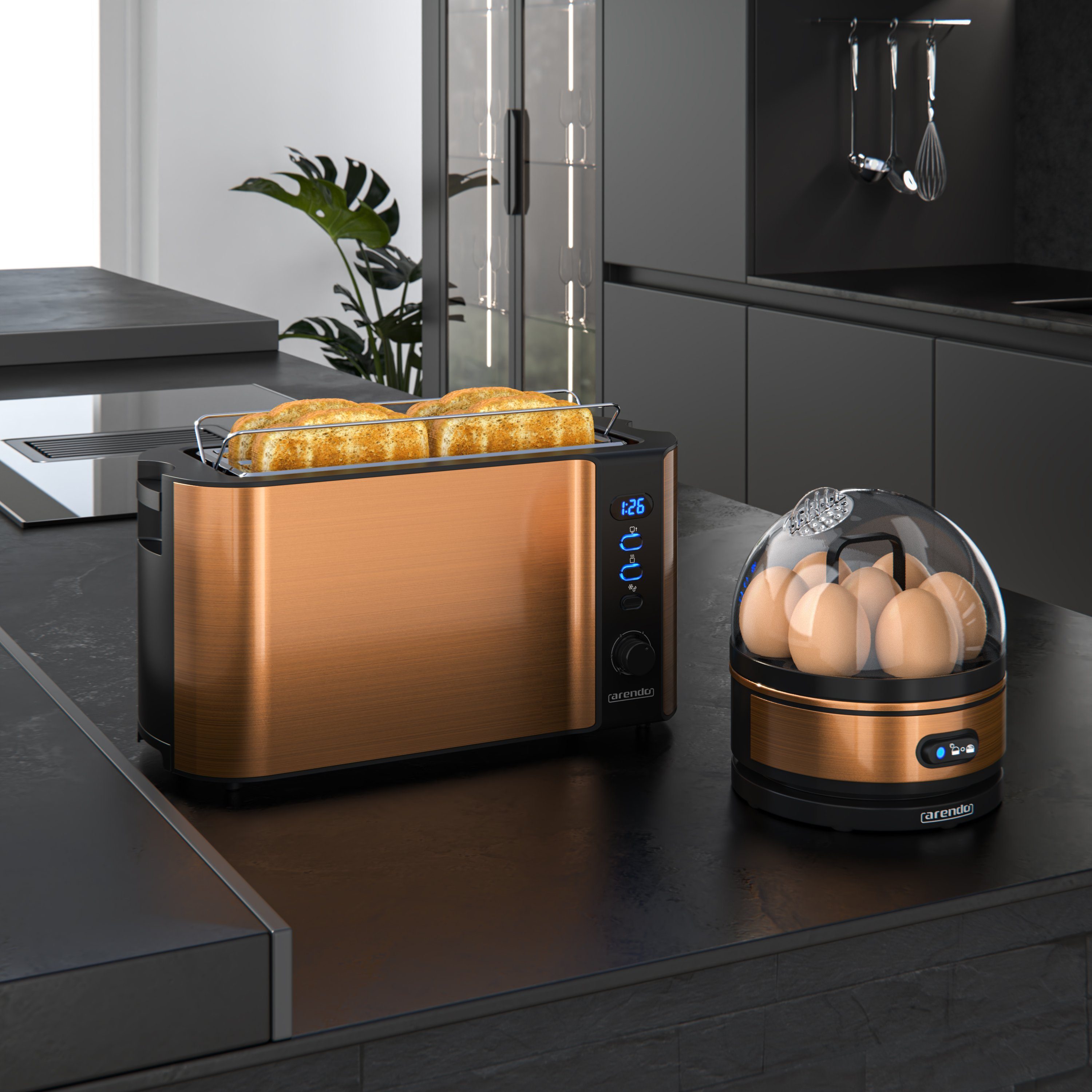 Arendo Frühstücks-Set (2-tlg), 4-Scheiben Langschlitz Toaster, 7er Eierkocher, Kupfer