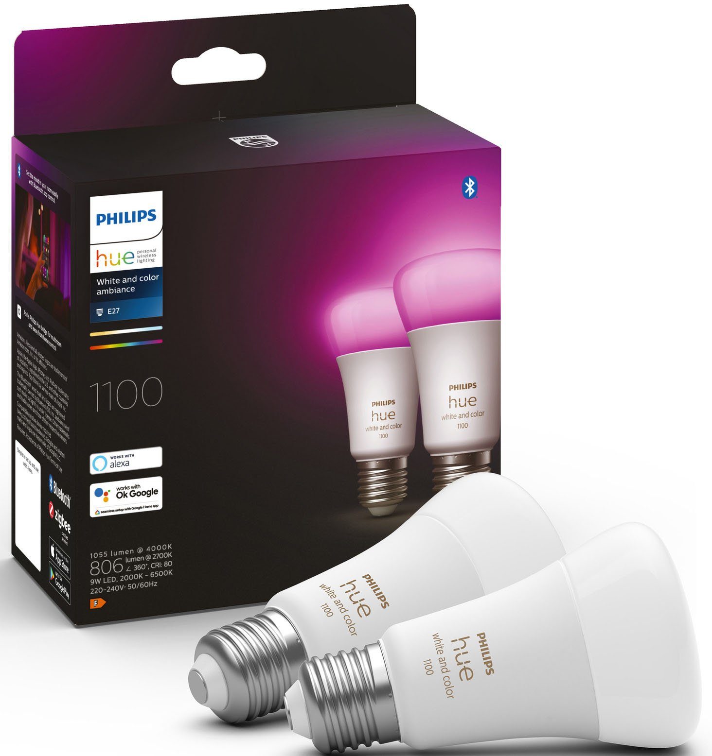 Philips Hue LED-Leuchtmittel White & Col. Amb. E27 Doppelpack 2x800lm 75W, E27, 1 St., Farbwechsler, Warmweiß