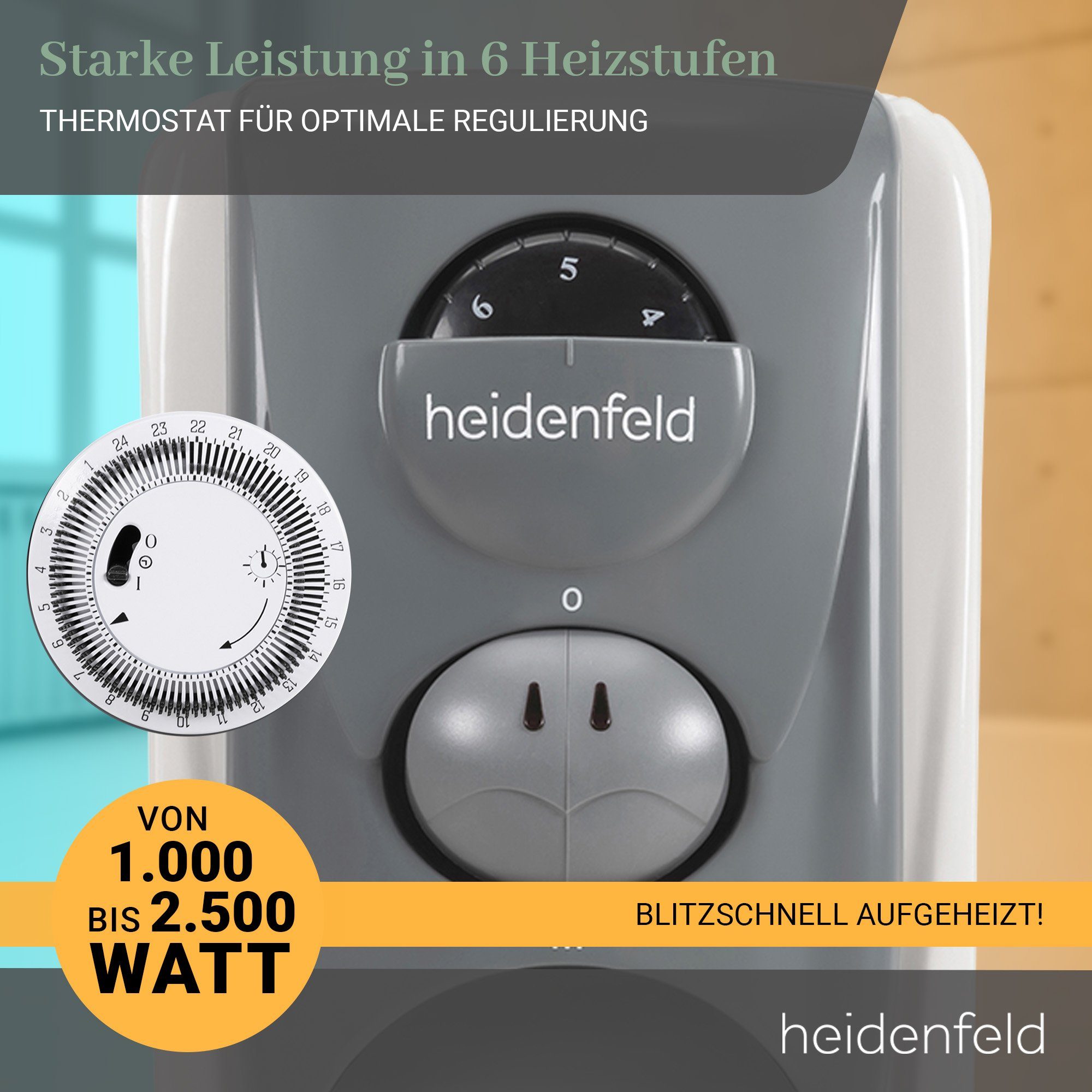 Heidenfeld Ölradiator Mobiler Elektro Heizkörper ÖR200 Heizung inkl. 3 J. Garantie, 2500 W, Thermostat - Heizstrahler - Elektroheizung - Heizlüfter