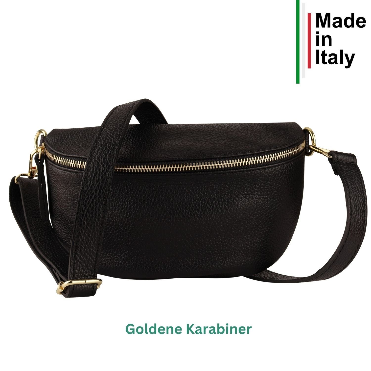 MIRROSI Bauchtasche Damen, Echtleder, Leder, Made in Italy, Umhängetasche, Brusttasche, (Schultertasche für jeden Anlass (1 Tasche & 2 Gurte), 3 Größen auswählbar; Goldene Karabiner), Crossbody Bag, Schwarz, gemusterten& verstellbaren Schulterriemen