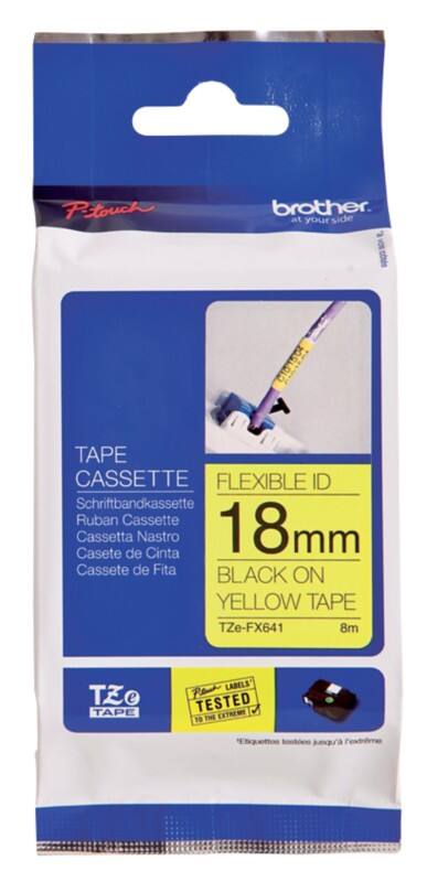 Brother TZe-FX641 Authentic Flexibles Schriftband Selbstklebend Schwarzer Druck auf Gelb 18 mm x 8m