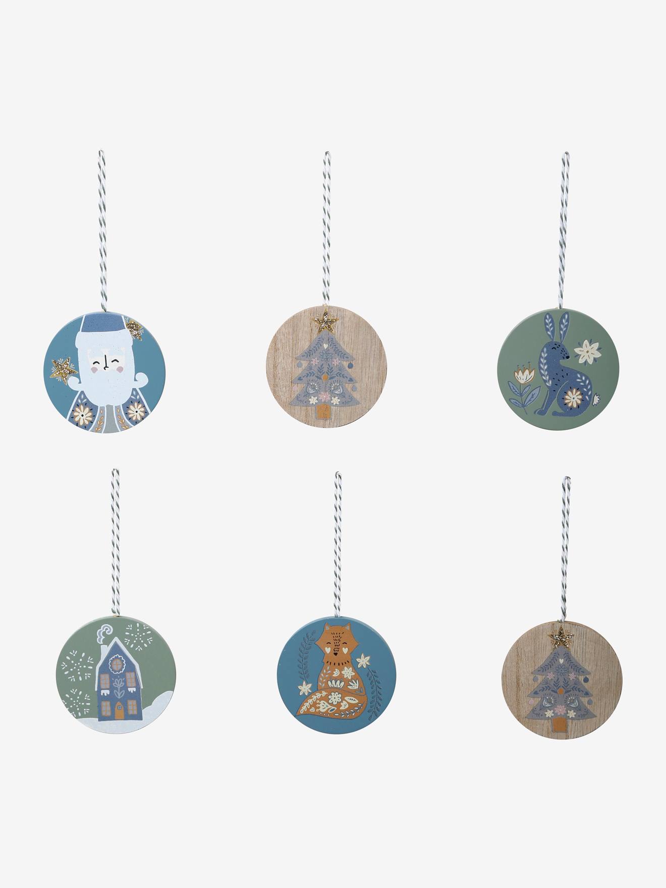Vertbaudet 6er-Set Weihnachtsanhänger SKANDINAVISCHE WEIHNACHTEN, Holzscheiben - natur