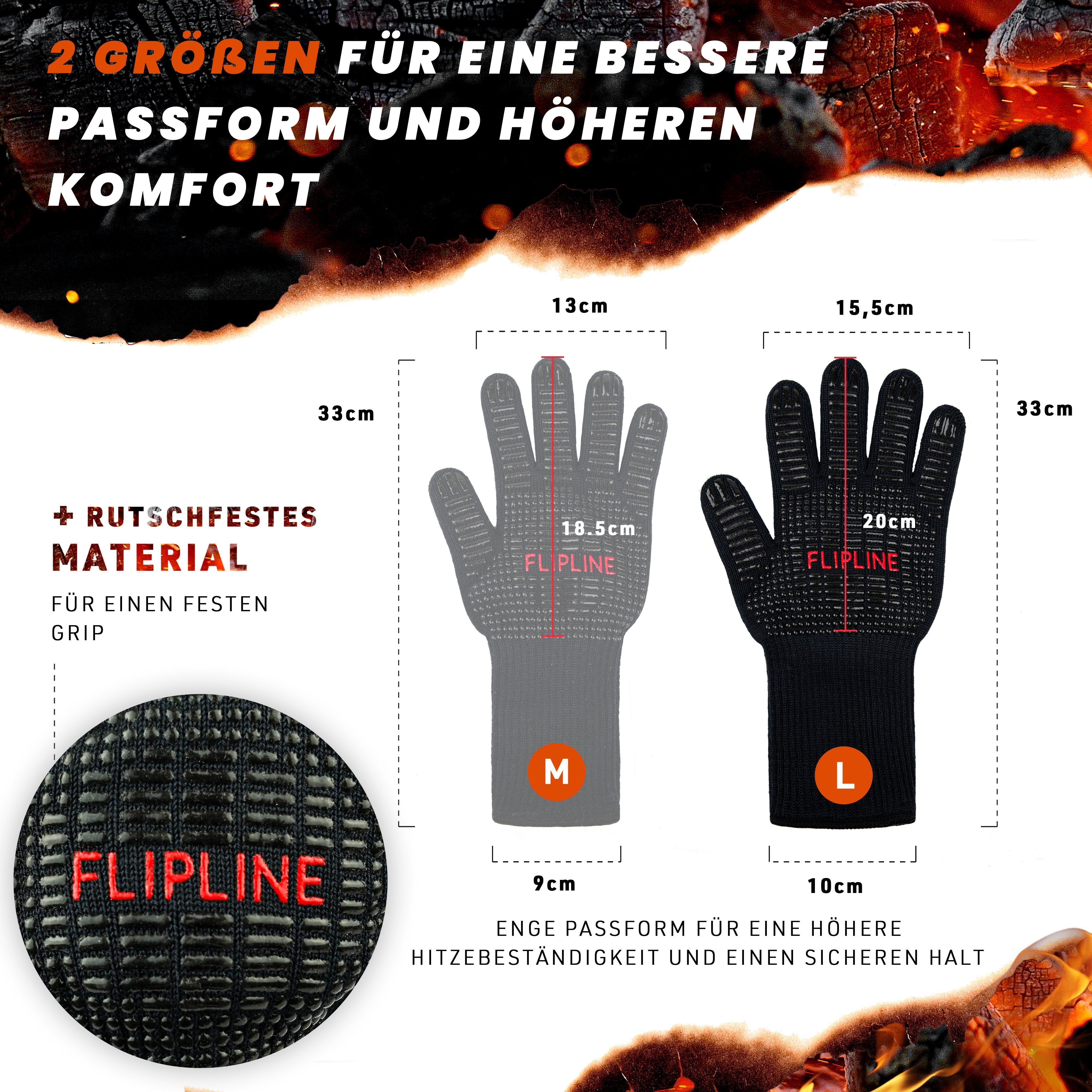 FLIPLINE® Grillhandschuhe Hitzebeständig - Premium feuerfeste Handschuhe, für Küche & Grill - BBQ Handschuhe inkl. Rezepte E-Book