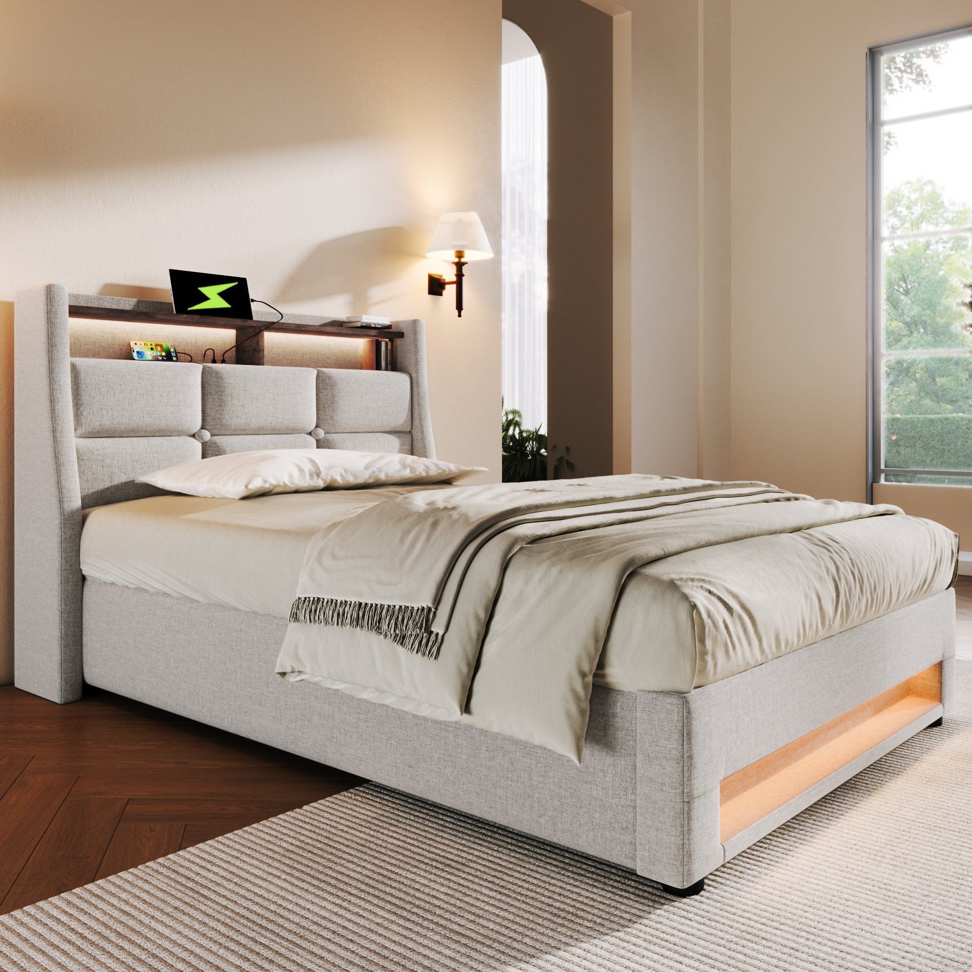 REDOM Polsterbett (LED Doppelbett Jugendbett mit USB Ladeanschluss, Jugendbett), 90x200cm, Ohne Matratze