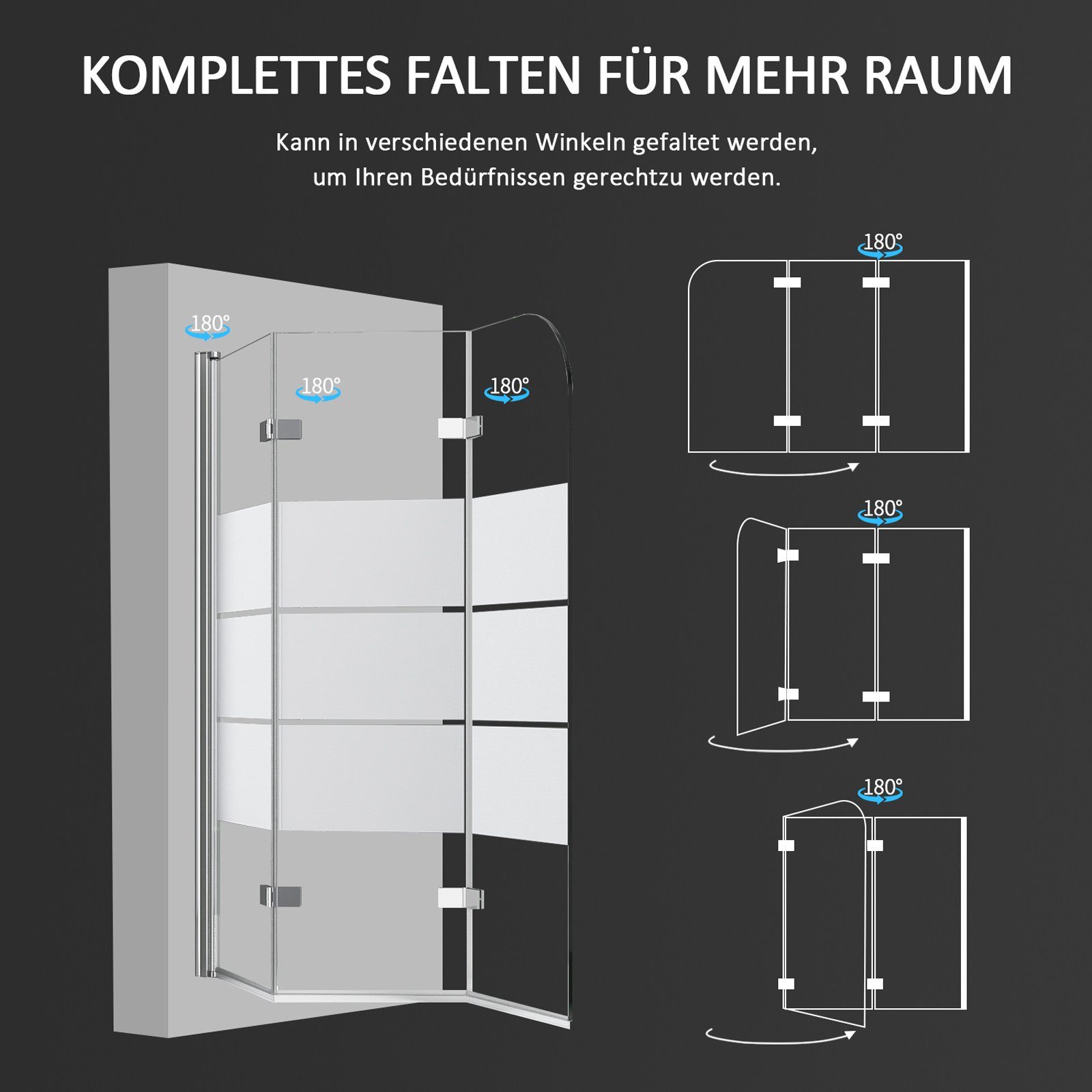 Boromal Badewannenfaltwand Badewannenaufsatz Glas 3 teilig Faltbar 180° Faltwand milchglas klar, Aluminiumsprofile,Sicherheitsglas, B:120-130cm H:140cm, Mit Hebe-/Senkfunktion, Rechts-und Links montierbar