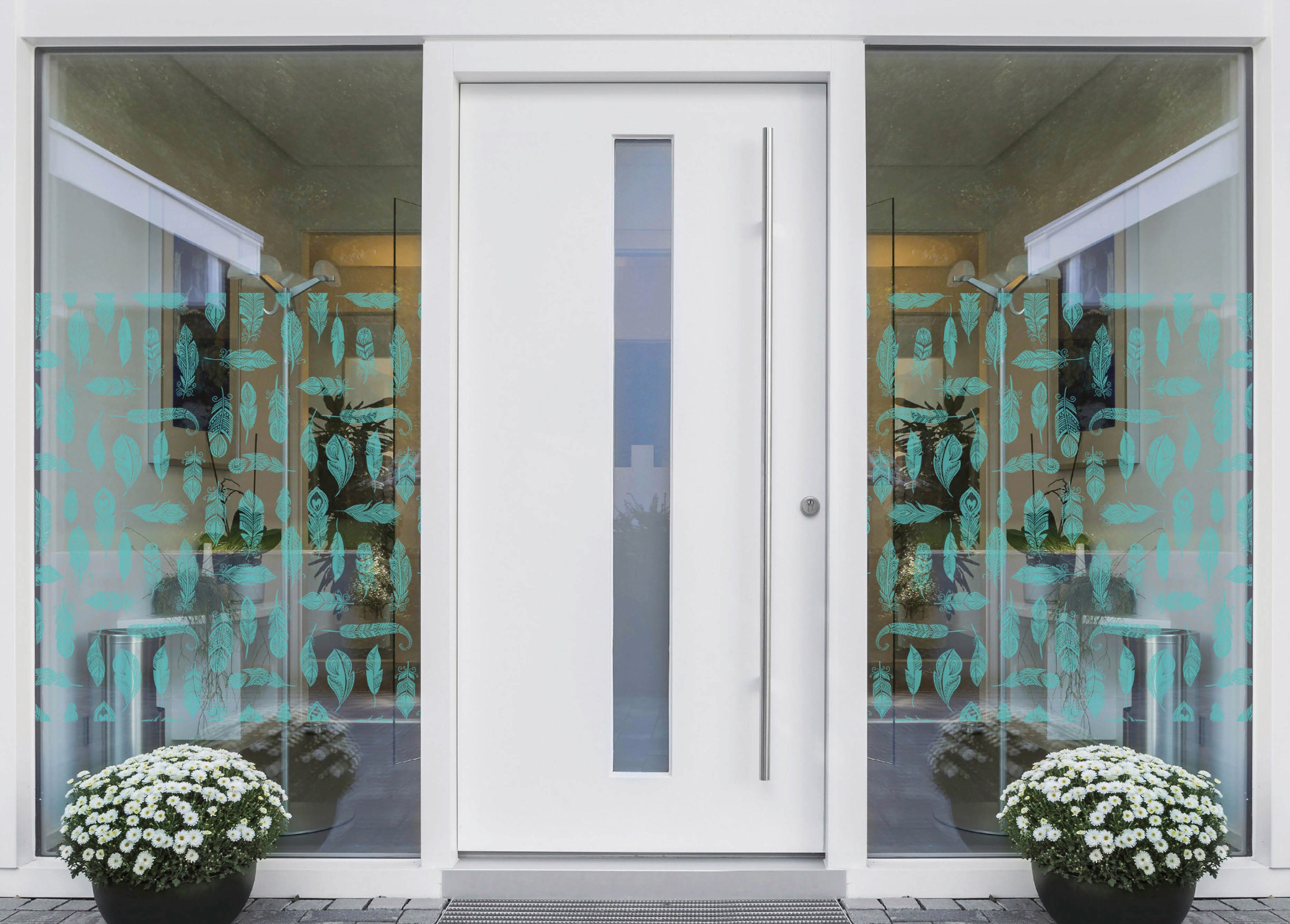 Fensterfolie Look Feathers turquois, MySpotti, halbtransparent, glatt, 90 x 100 cm, statisch haftend