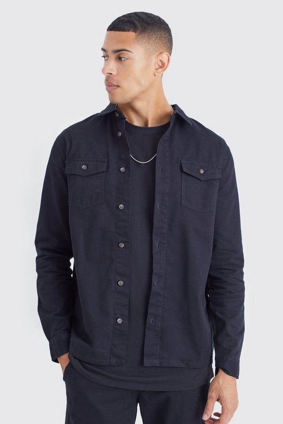 Langärmliges Twill Overshirt mit Drachen-Stickerei