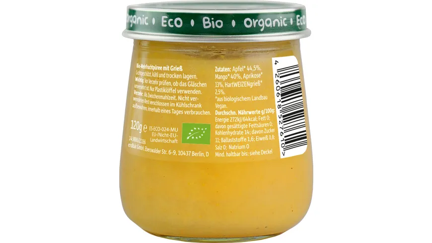 Freche Freunde Bio Gläschen Apfel, Mango, Aprikose mit Grieß 120 g