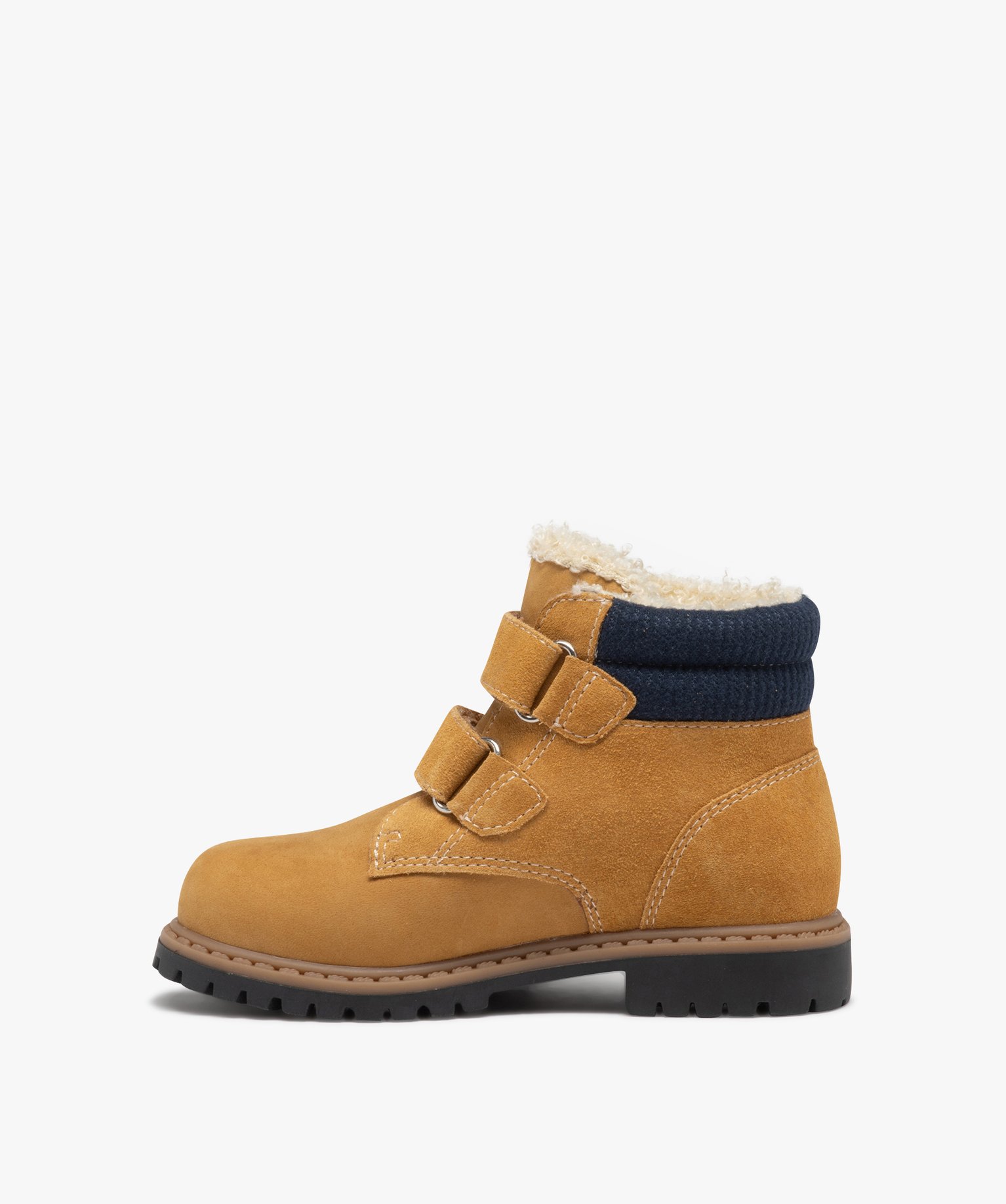Boots Garçon unies à col fourré et à double scratch camel | GEMO