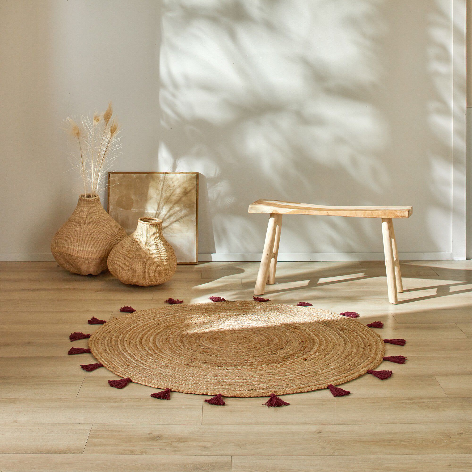 Tapis jute finition pompons