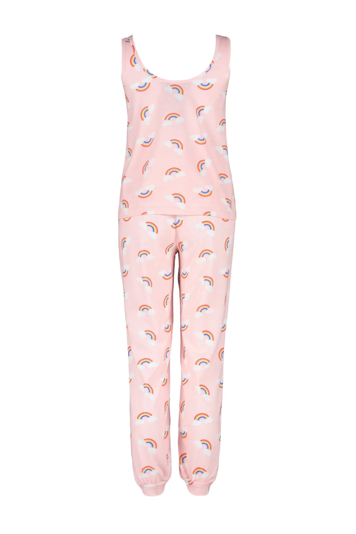 Trendyol Collection  Hellrosa gestricktes Pyjama-Set mit Unterhemd und Hose mit Regenbogenmuster THMSS23PT00092