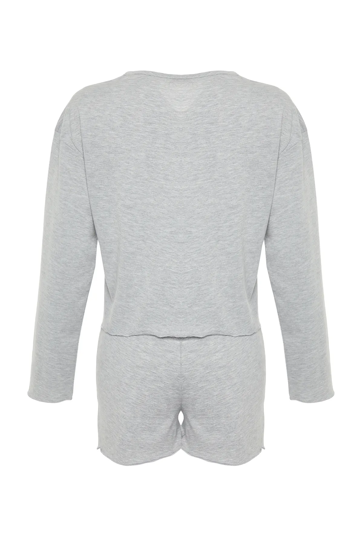 Trendyol Collection  Grau meliertes Strick-Pyjama-Set aus 100 % Baumwolle mit T-Shirt und Shorts THMSS24PT00107