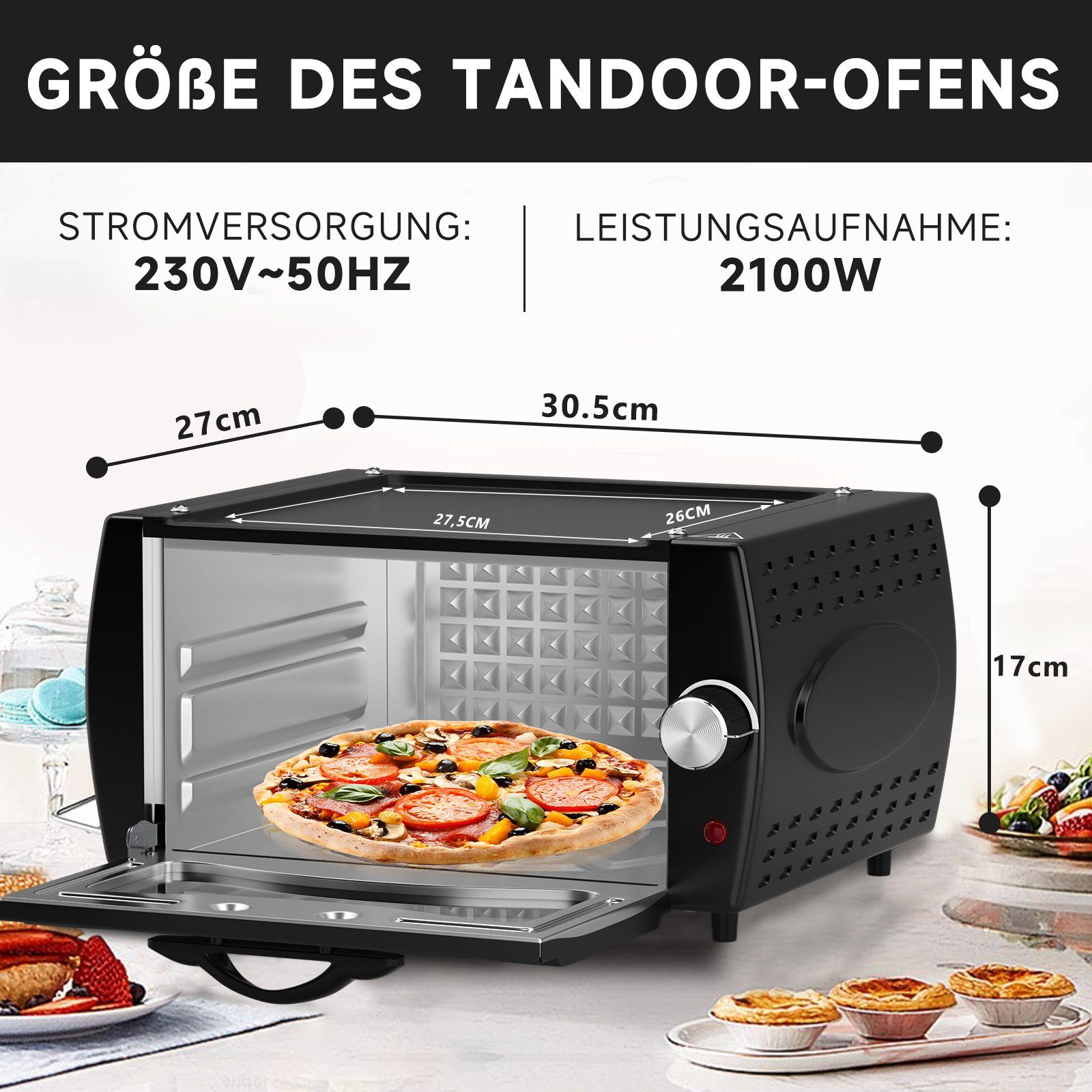 Scheffler Minibackofen Mini-Tandoor mit Antihaftbeschichtete Deckplatte, großes Sichtfenster, Hitzebeständiges Gehäuse, 2 in 1 Funktion, 2100W