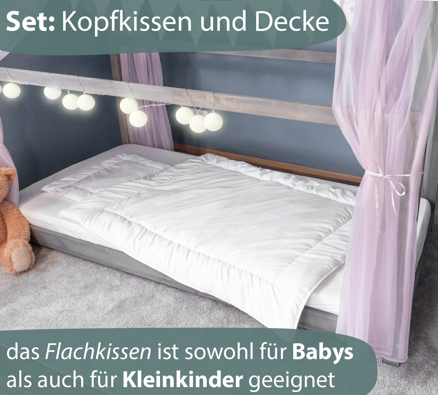 Kinderbettdecke + Kopfkissen, LUCA PREMIUM, Alcube, Füllung: 100% Silikonfaser, Bezug: 100% Baumwolle, 4-Jahreszeiten Kinderbettenset 2-teilig Bettdecken Set für Jahreszeit
