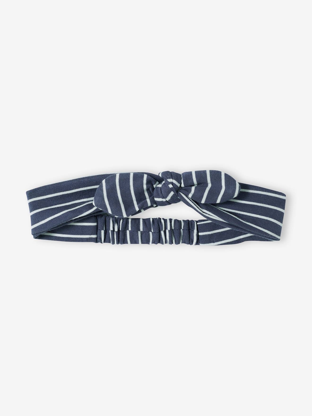 Ensemble 3 pièces bébé short en velours, T-shirt et bandeau bleu foncé rayé