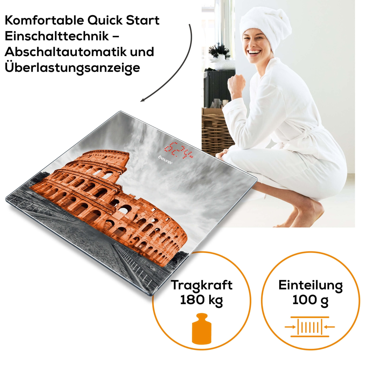 Beurer Glaswaage GS 215 Rome-Personenwaage aus Glas mit unsichtbarem Magic-Display - bis 180 kg
