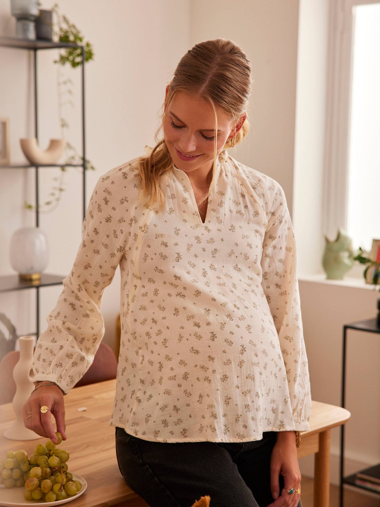 Blouse gaze de coton imprimé grossesse et allaitement blanc imprimé