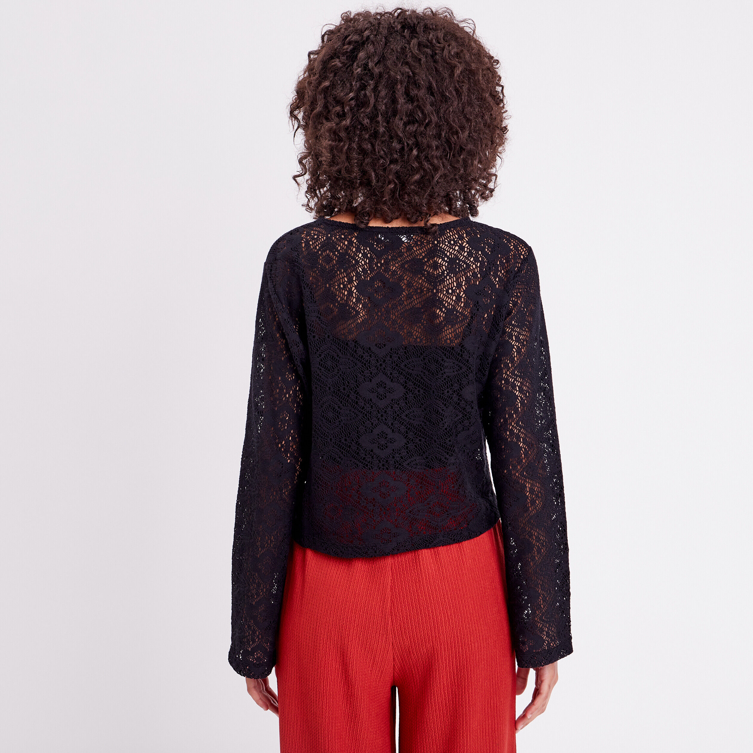 T-shirt crochet col rond noir femme | Cache Cache