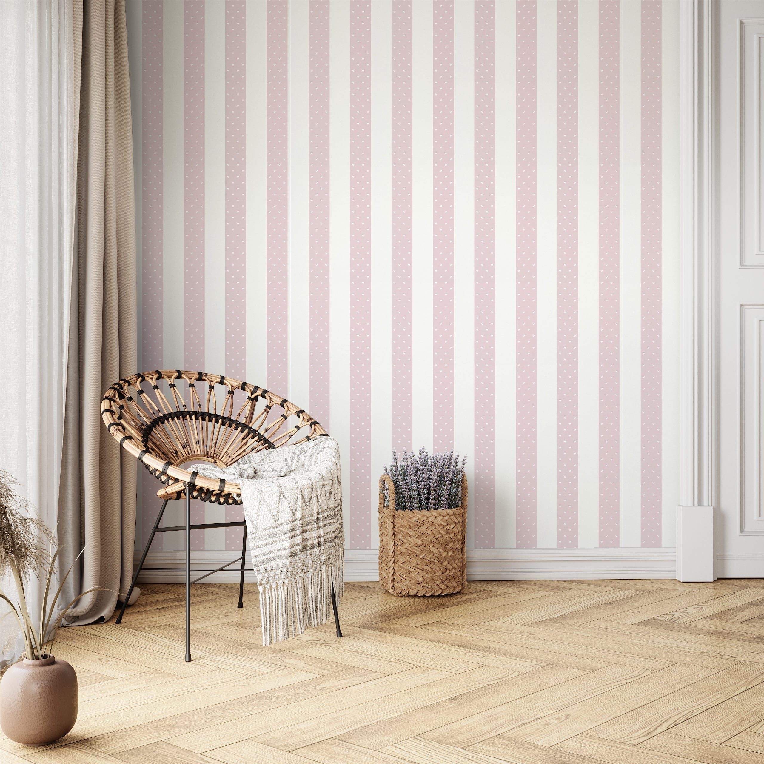 Newroom Vliestapete, Rose Tapete Kinder Streifen - Kindertapete Jugendtapete Weiß Verspielt Linien Herzen für Kinderzimmer Jugendzimmer Babyzimmer